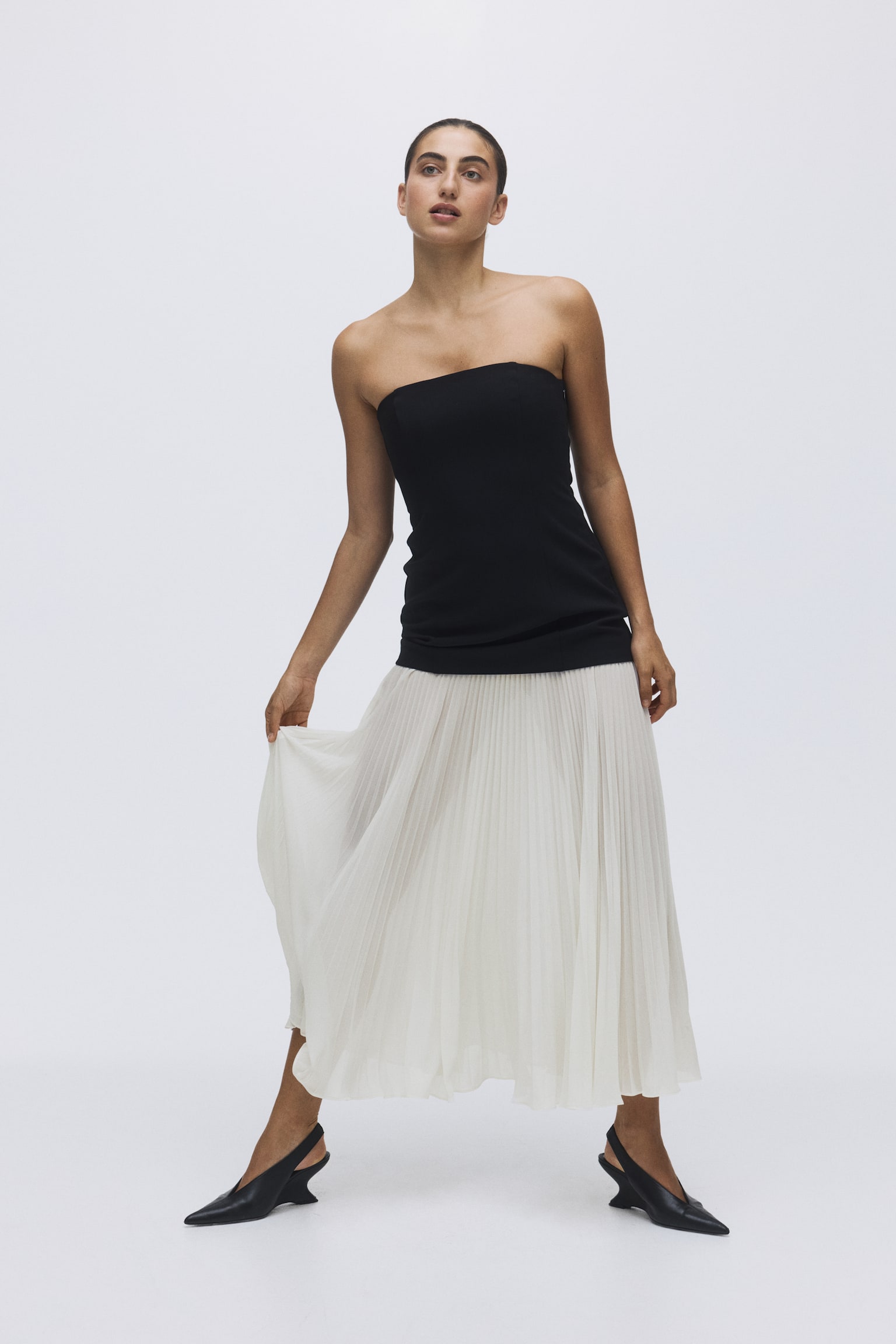 Pleated bandeau dress - Black/White - 4