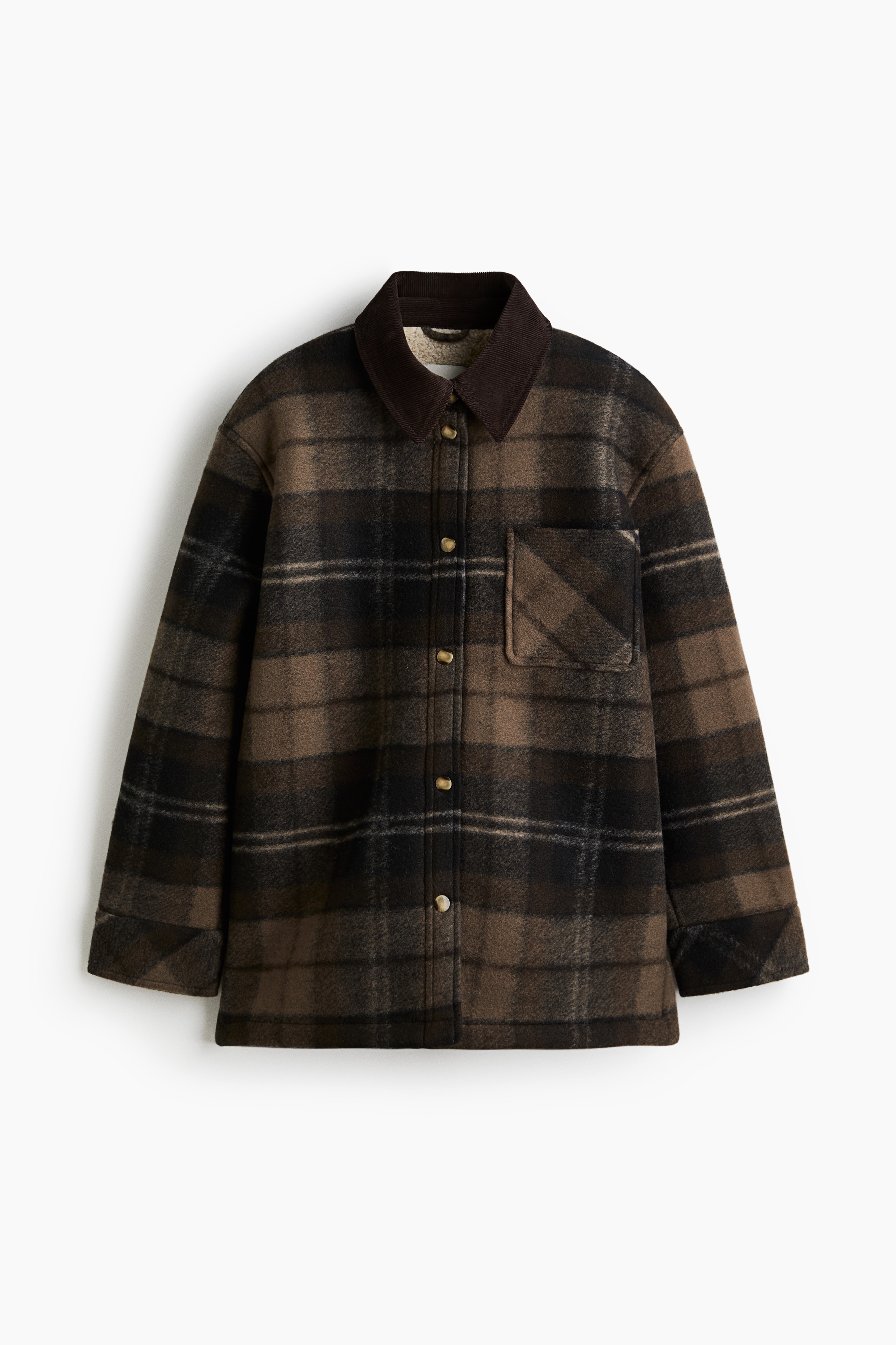 Ladies - Dark brown/Checked Teddy-lined shacket - Size: L  - H&M