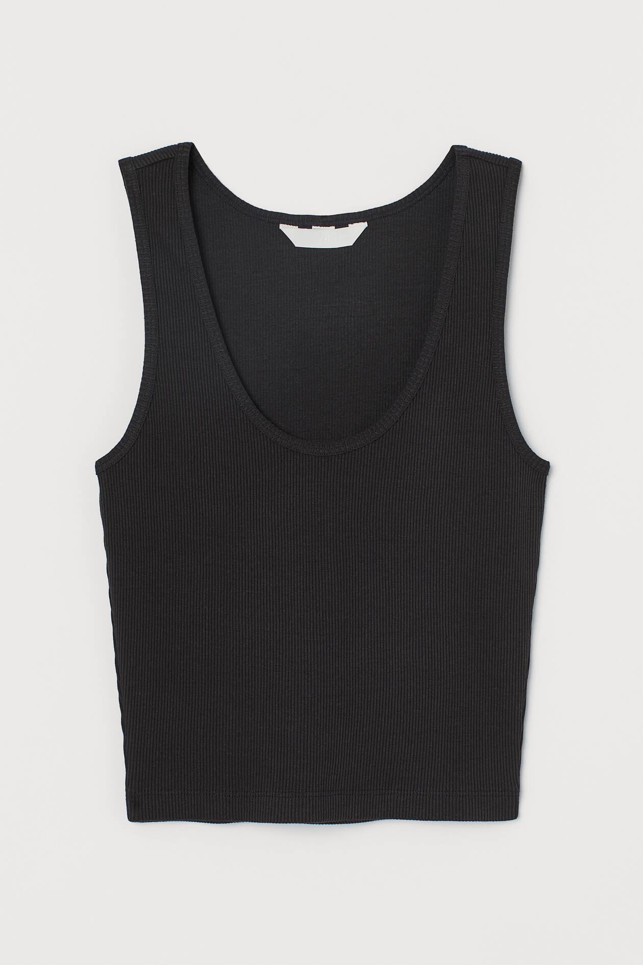 Ribbed cropped top - Deep neckline - Sleeveless - Black - Ladies | H&M GB