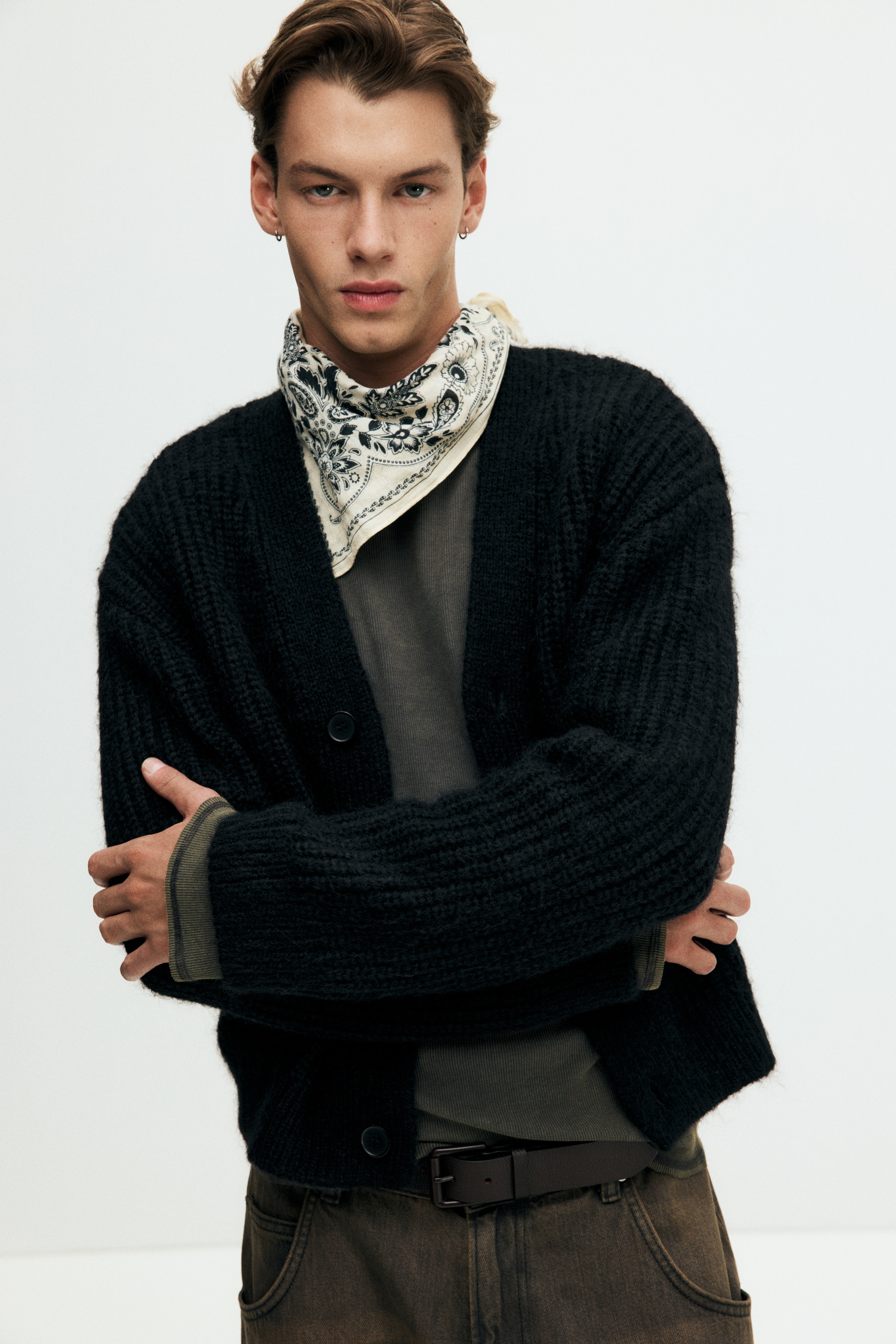 Men - Black Loose Fit Rib-knit cardigan - Size: L  - H&M