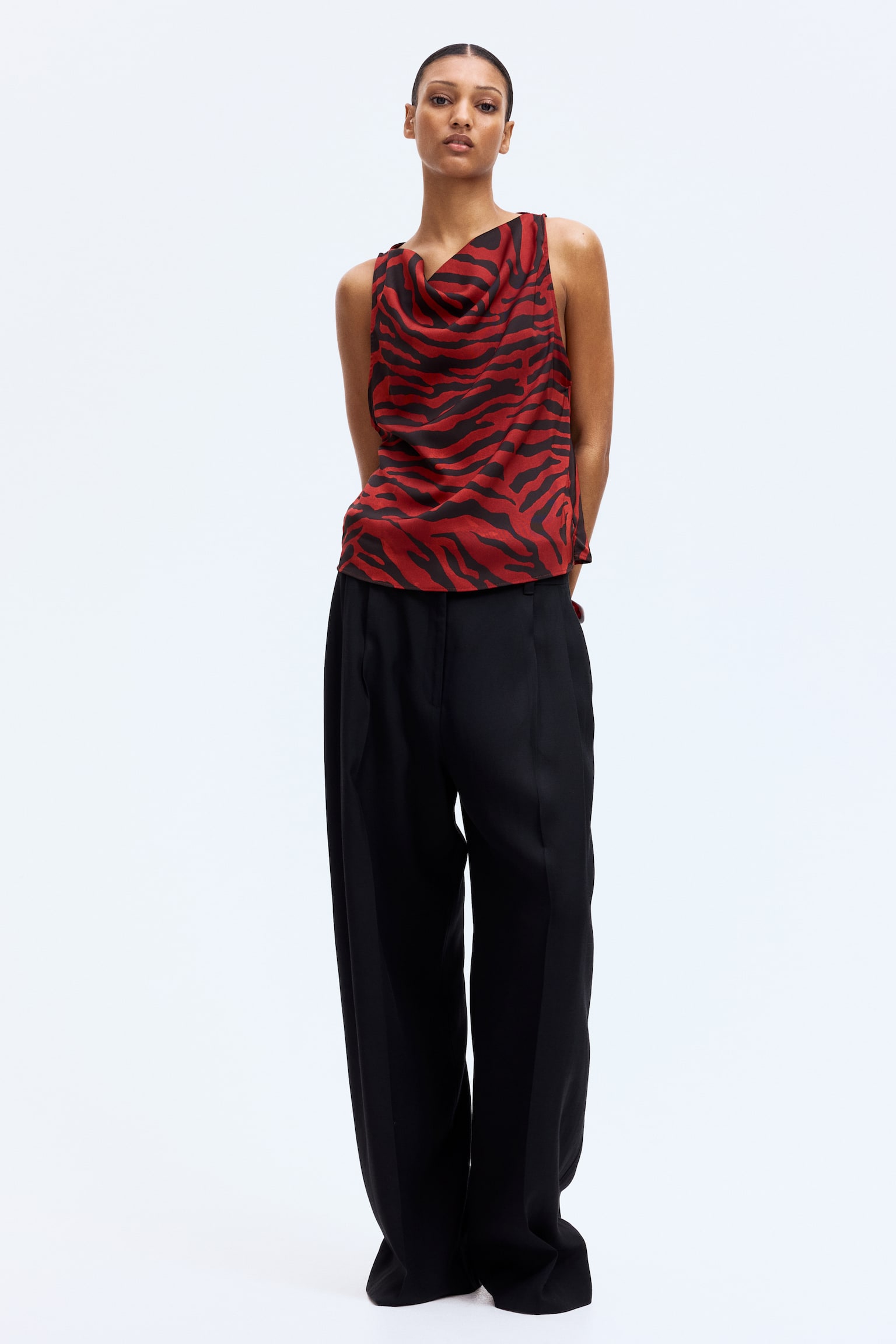 Cowl-neck satin top - Rust red/Zebra print/Cream/Black/Patterned - 3