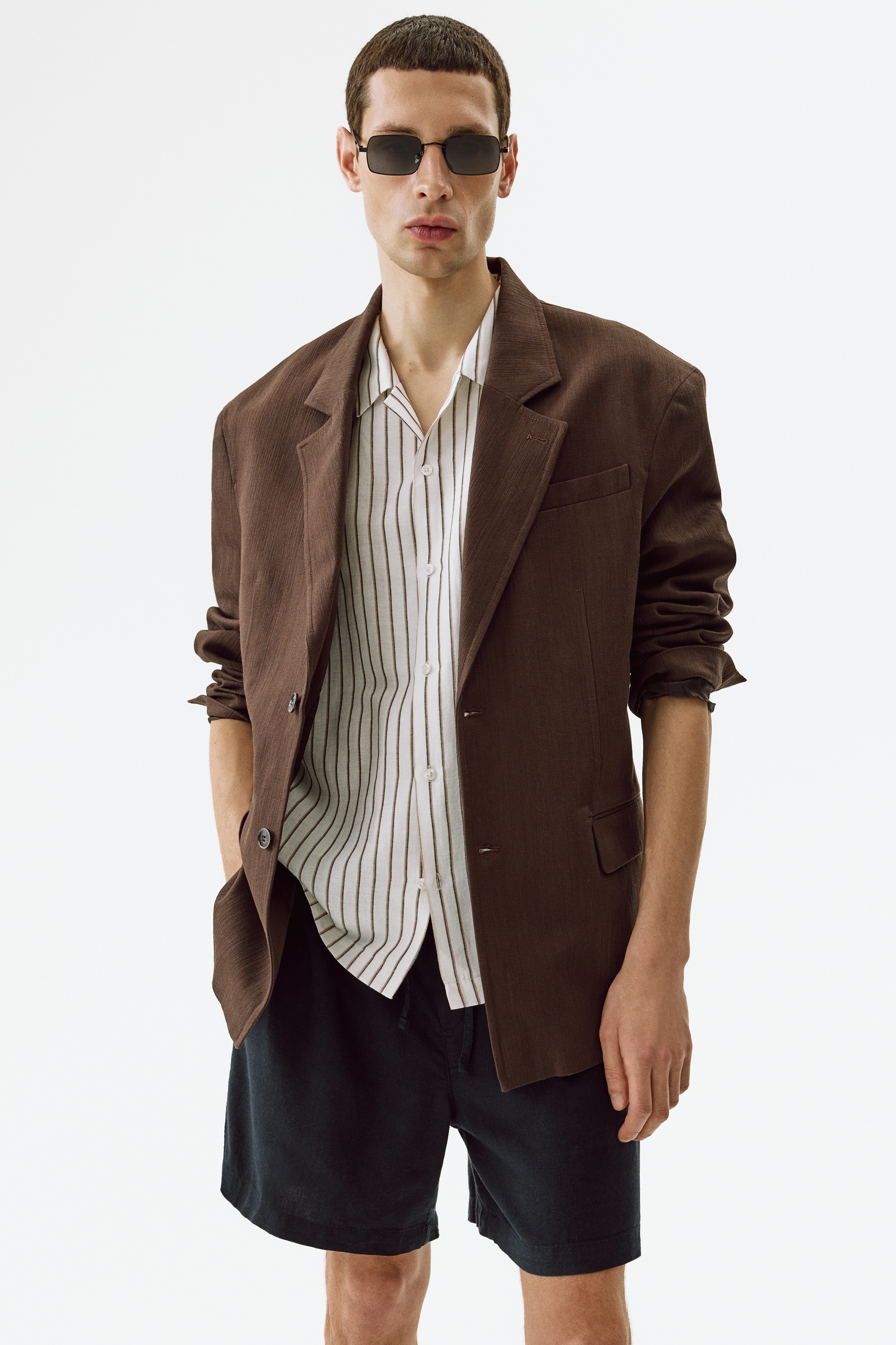 Shorts i linmix Relaxed Fit - Marinblå/Vit/Randig/Svart/Vit