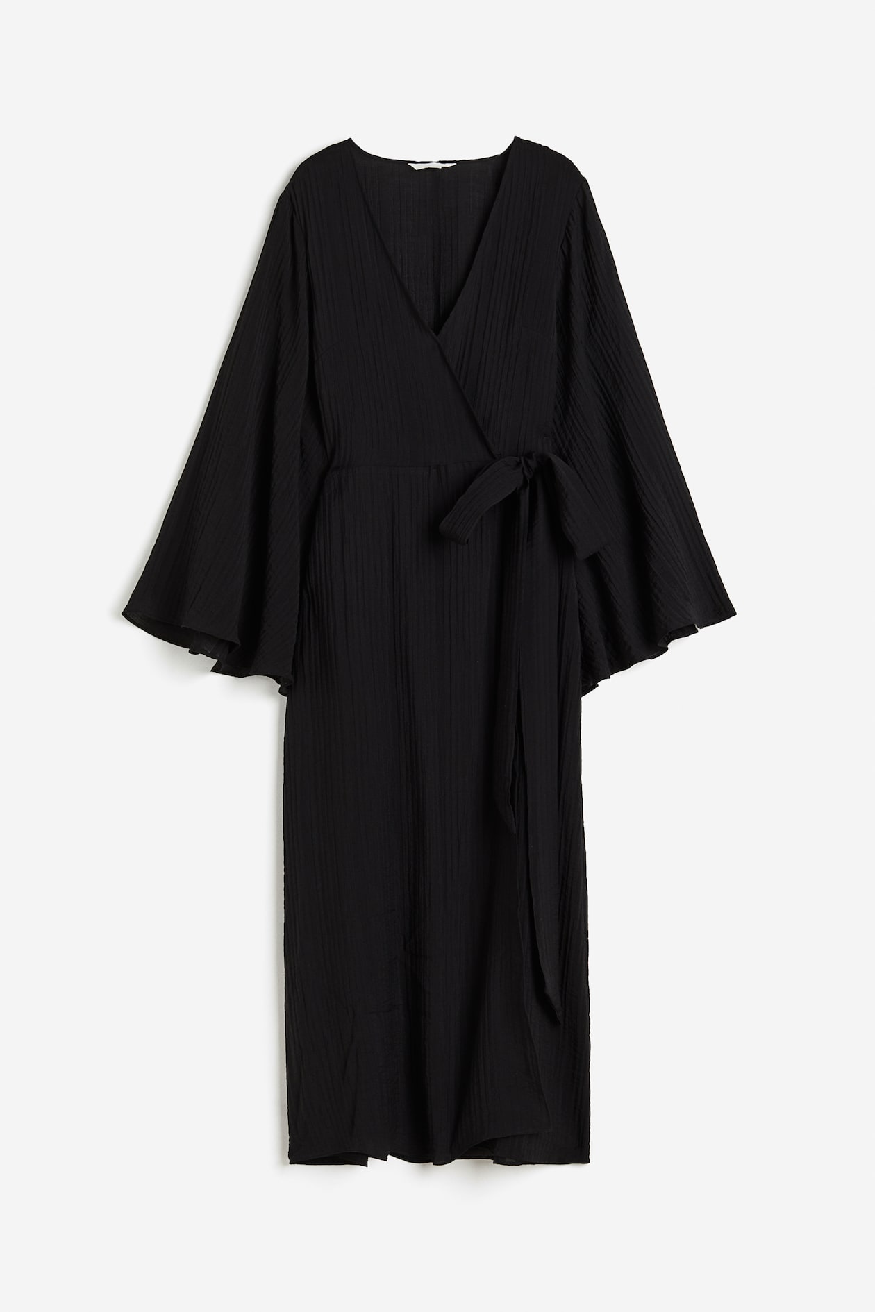 Pleated wrap dress - Deep neckline - Long sleeve - Black - Ladies