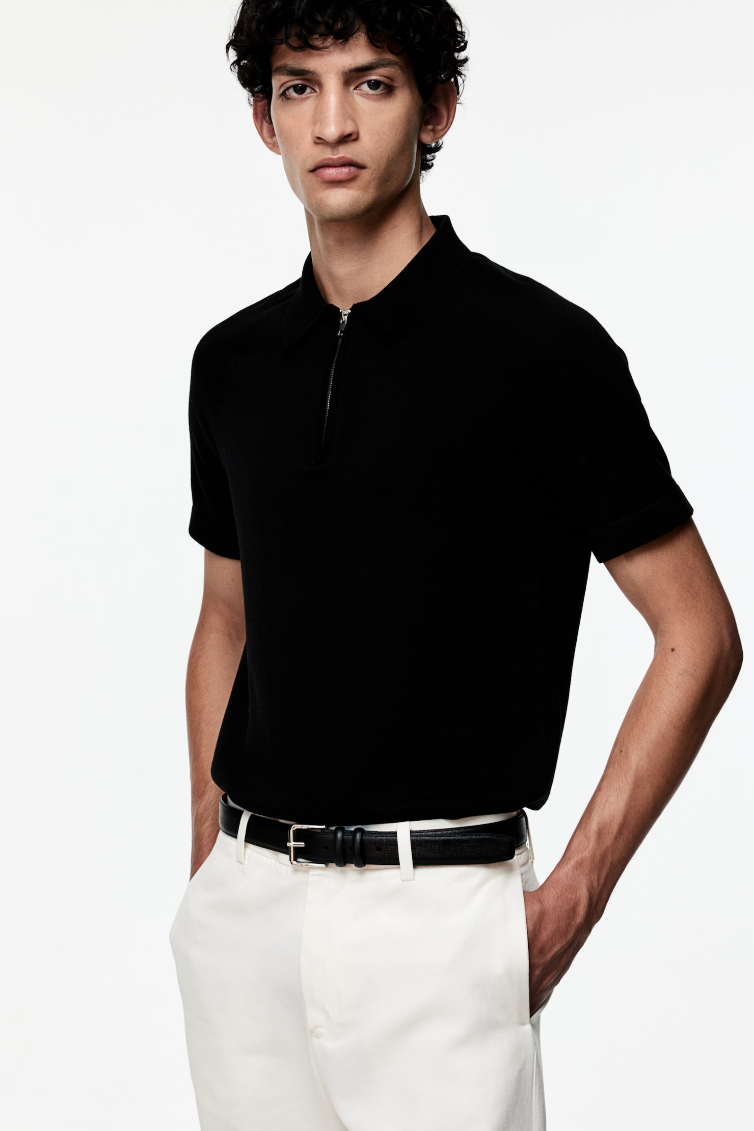 Muscle Fit Half Zip Polo Shirt - Black/White - 1