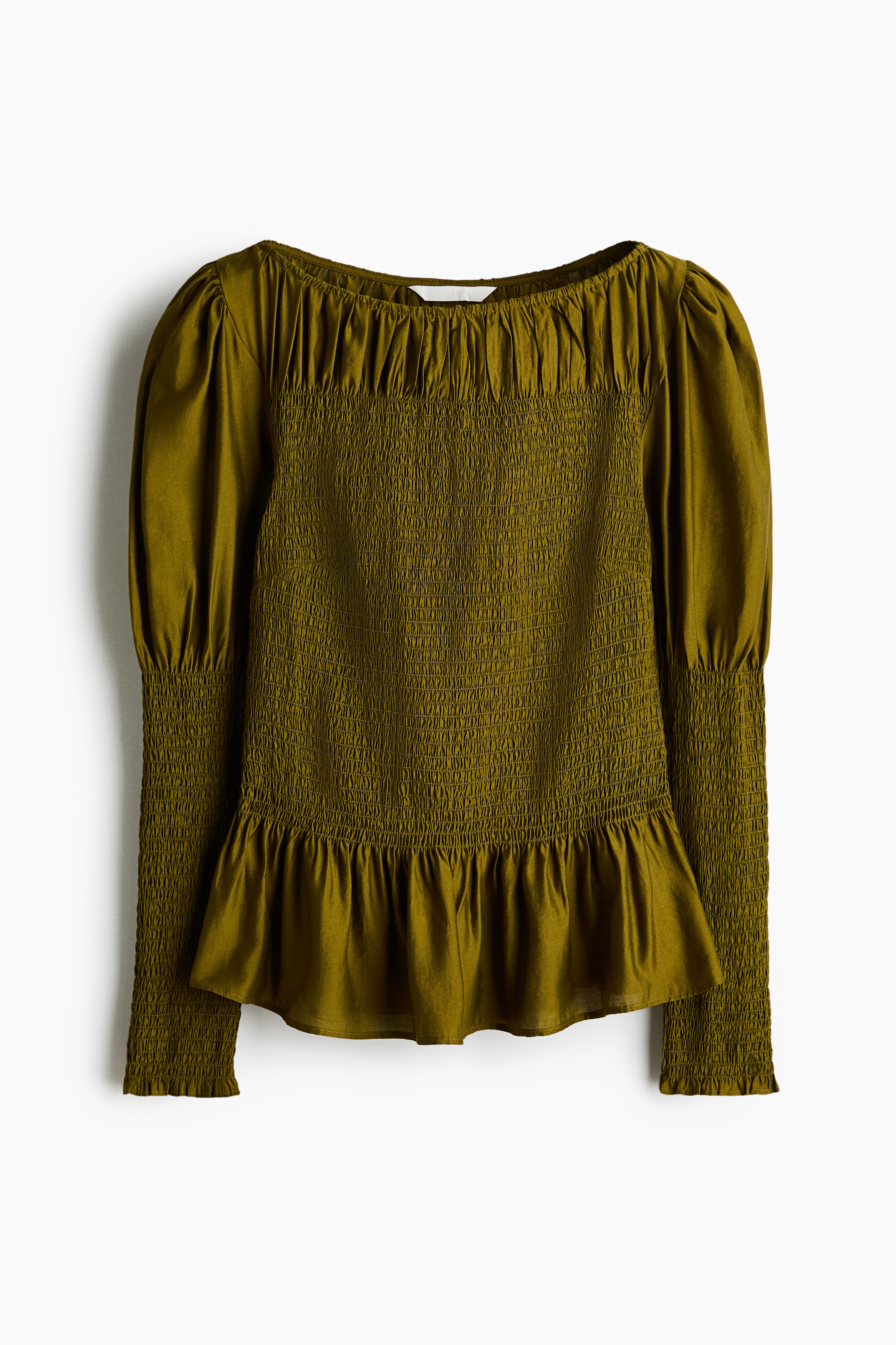 Smocked Viscose-Blend Blouse - Dark khaki green/Light beige