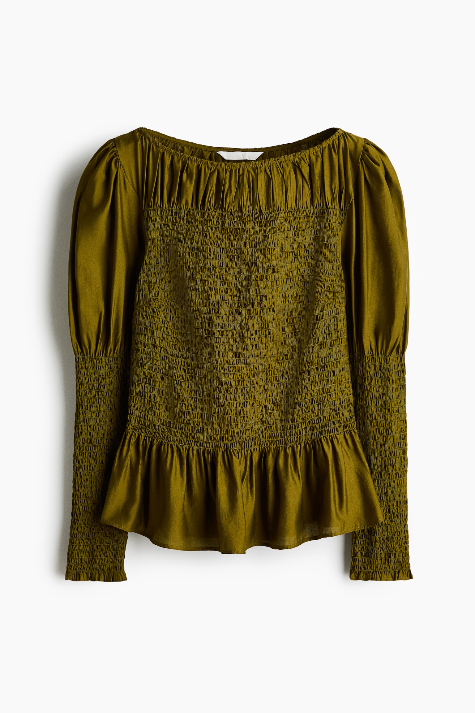 Женская блузка H&M Smocked Viscose-Blend Blouse, цвет: Тёмный хаки зелёный — фото 1