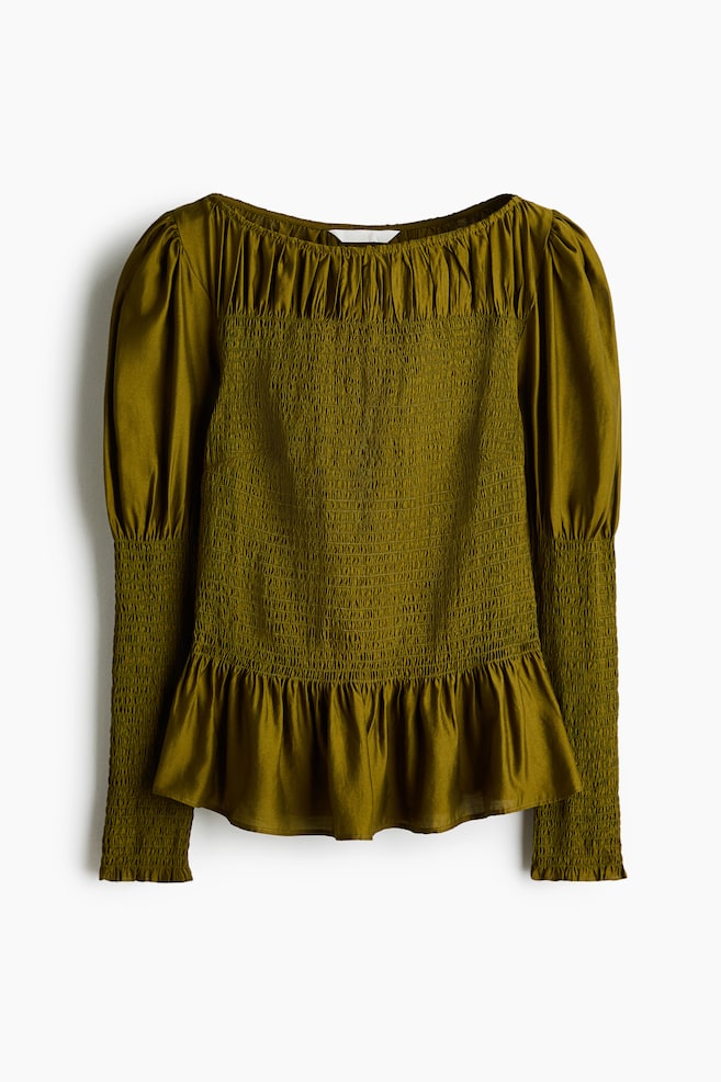 Smockad blus i viskosmix-Mörk khakigrön - 1