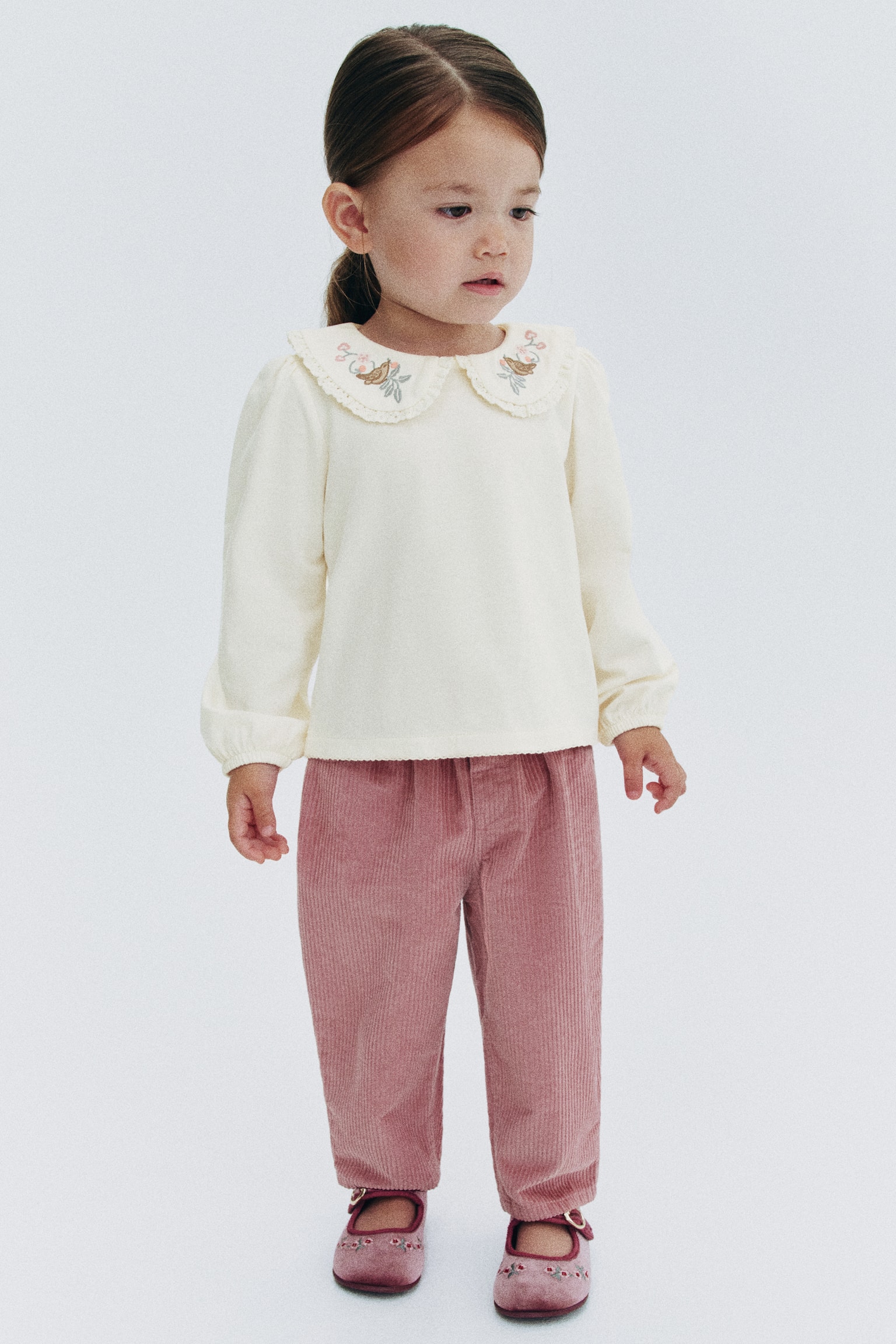 Детская блузка H&M Embroidered-Detail Cotton Blouse, цвет: Кремовый — фото 3