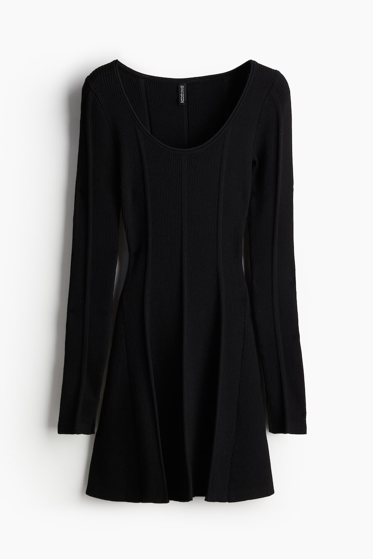 Flared-Skirt Rib-Knit Mini Dress - Black - Ladies | H&M US