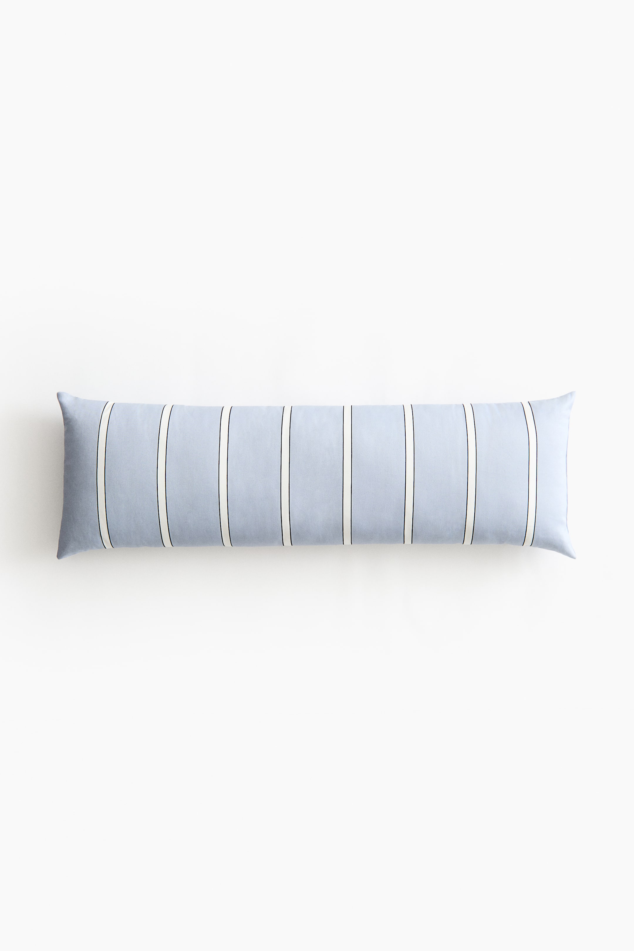 View larger image: A rectangular cushion crafted from cotton satin features a light blue fabric with vertical white stripes, each bordered by thin dark lines, and is oriented frontally.