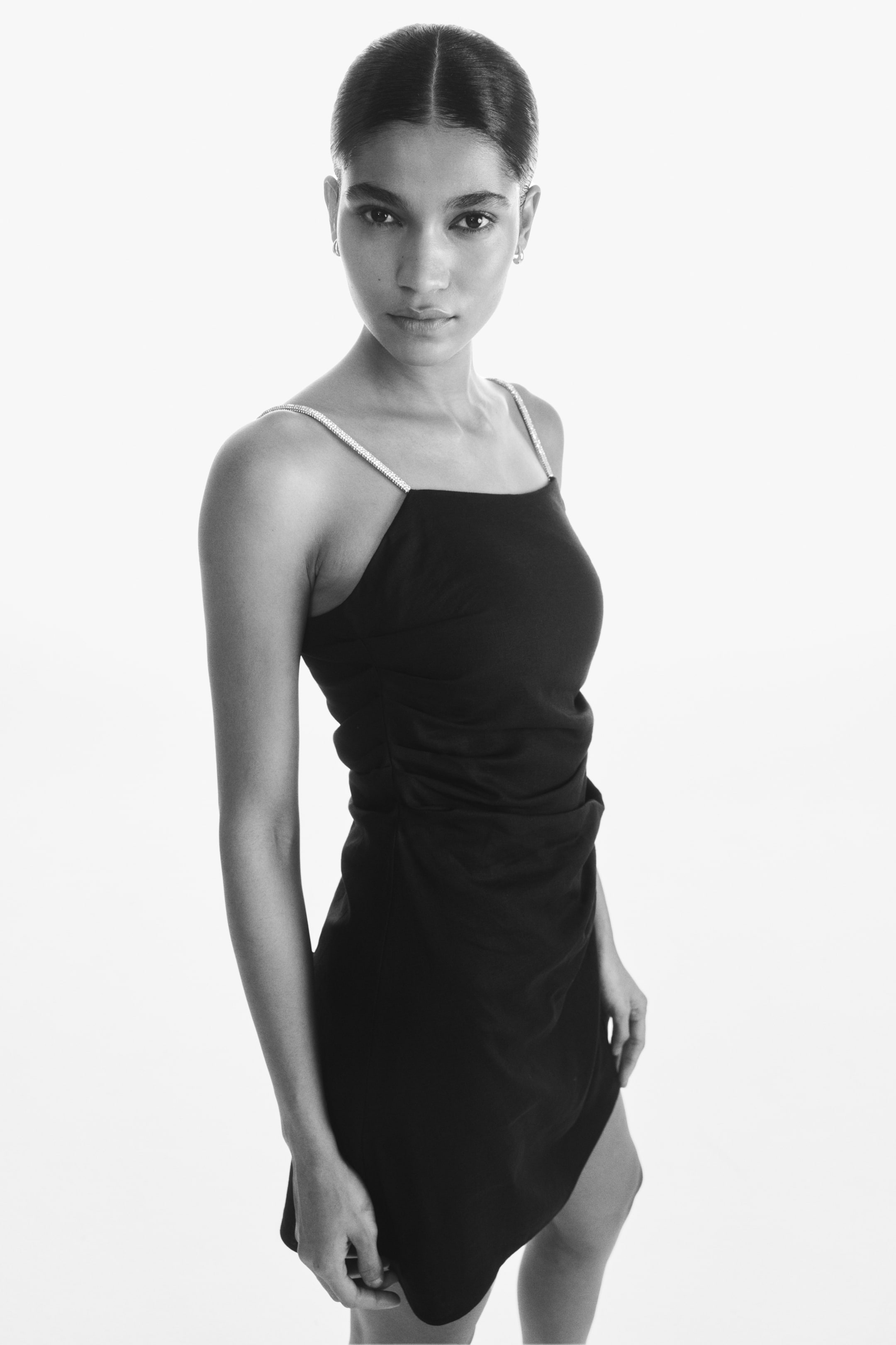 View larger image: Linen-blend rhinestone-strap dress - Black - Ladies | H&M AU 4