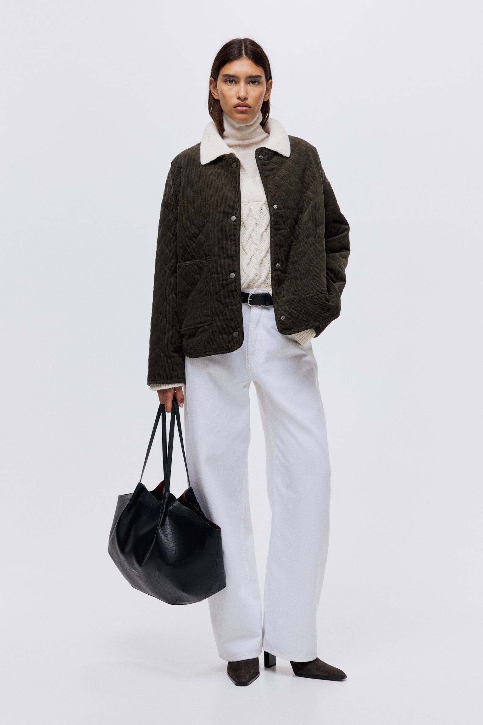 Oversized quilted corduroy jacket - Dark khaki green/Brown - 3