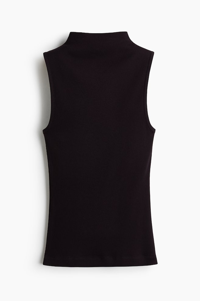 A black ribbed knit sleeveless top is displaying its back, featuring a mock neck, finished armholes, and a straight hem. - 1