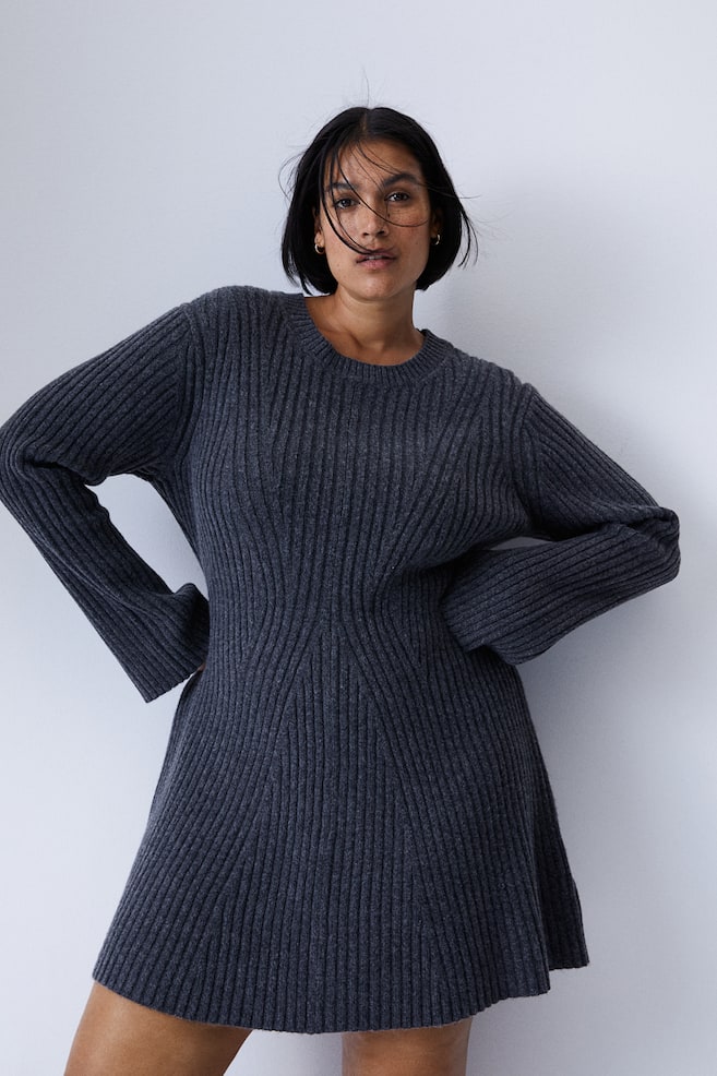 Rib-knit dress - Dark grey/Natural white - 4
