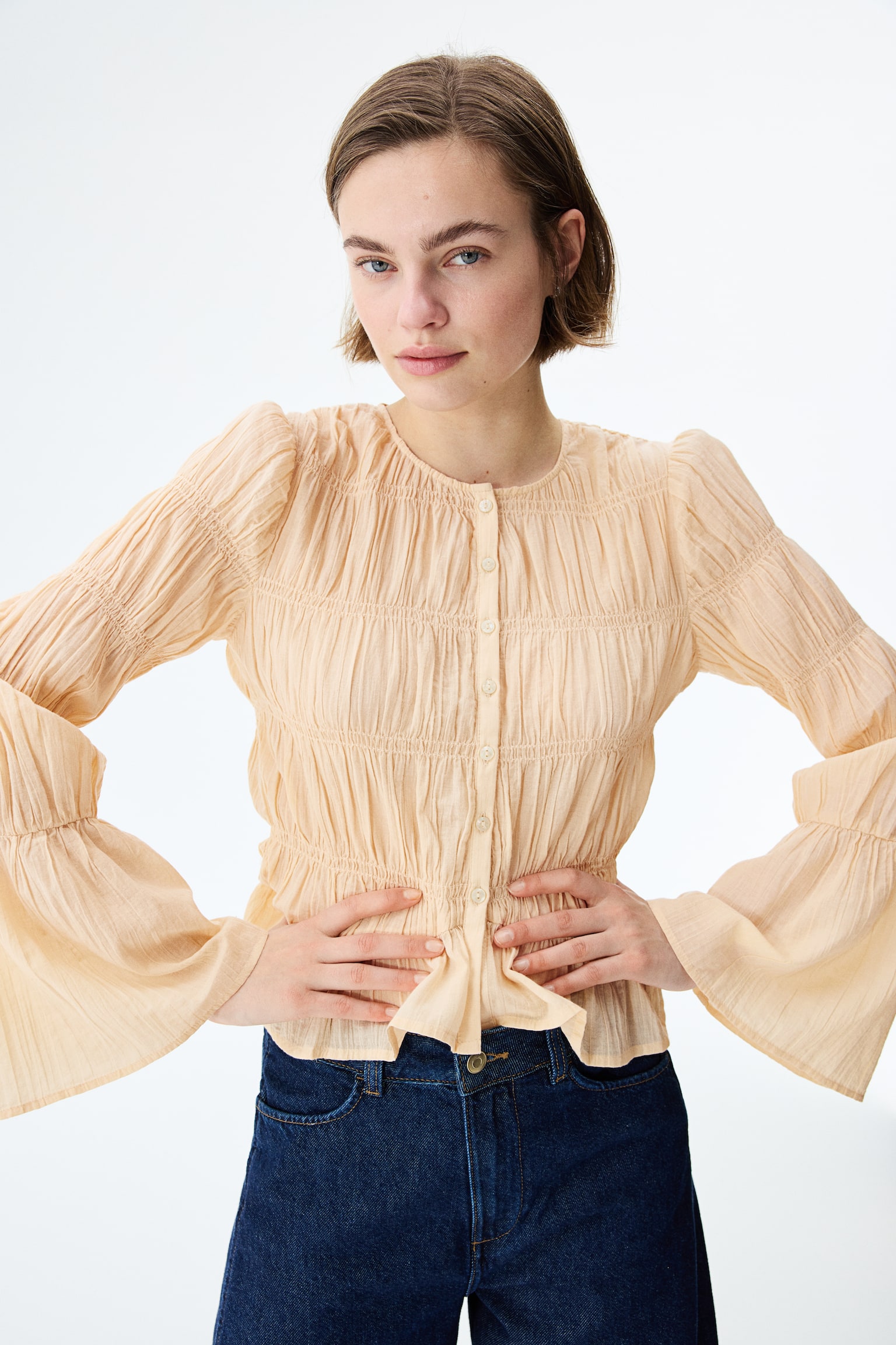 Smocked cotton blouse - Light beige/Dark brown - 4