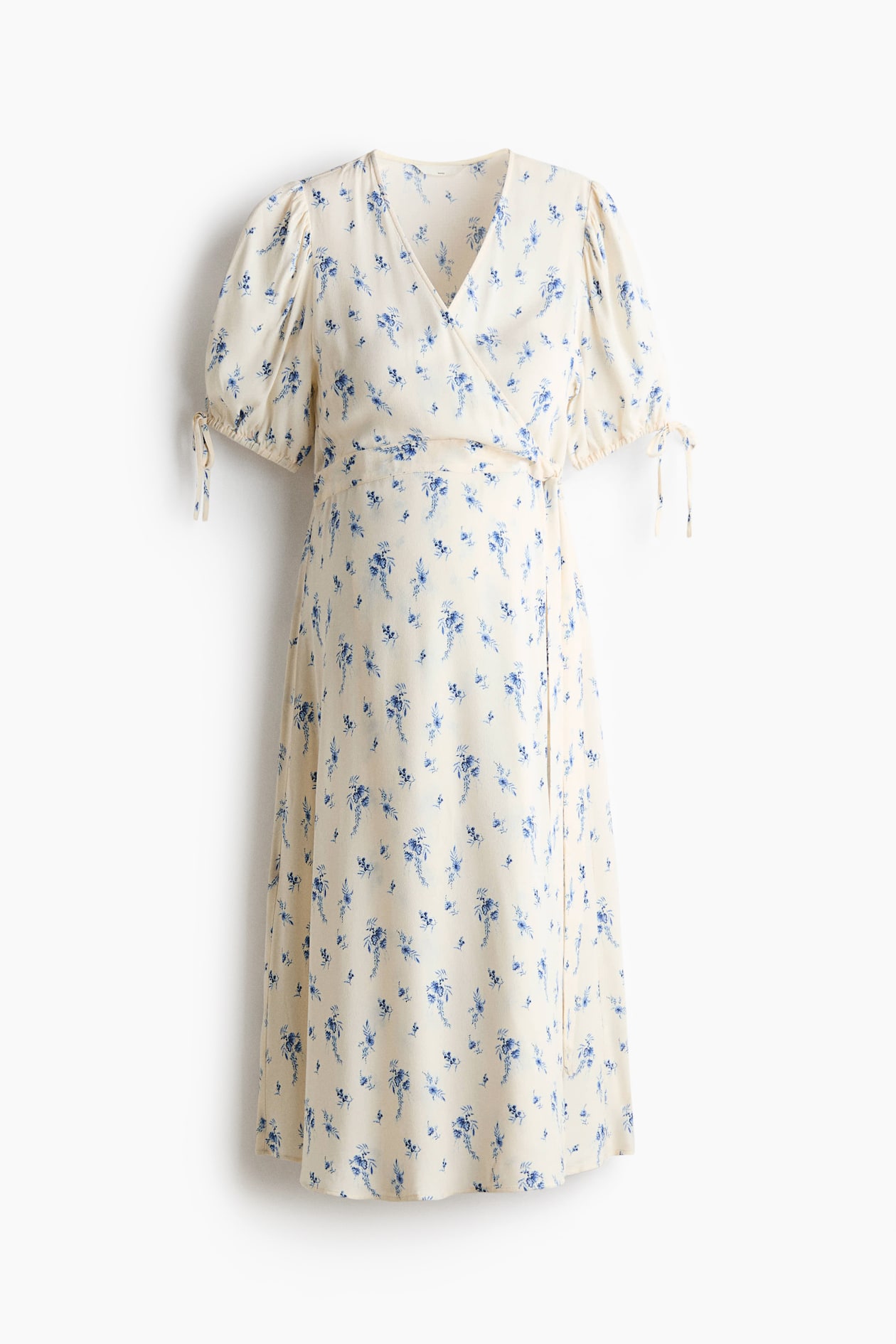h&m blue wrap dress Women's Cream/blue floral MAMA Puff-Sleeved Foraml Mermaid One Shoulder collection- sale clothing Size:S (32-33 sleeve length) length dress in woven
