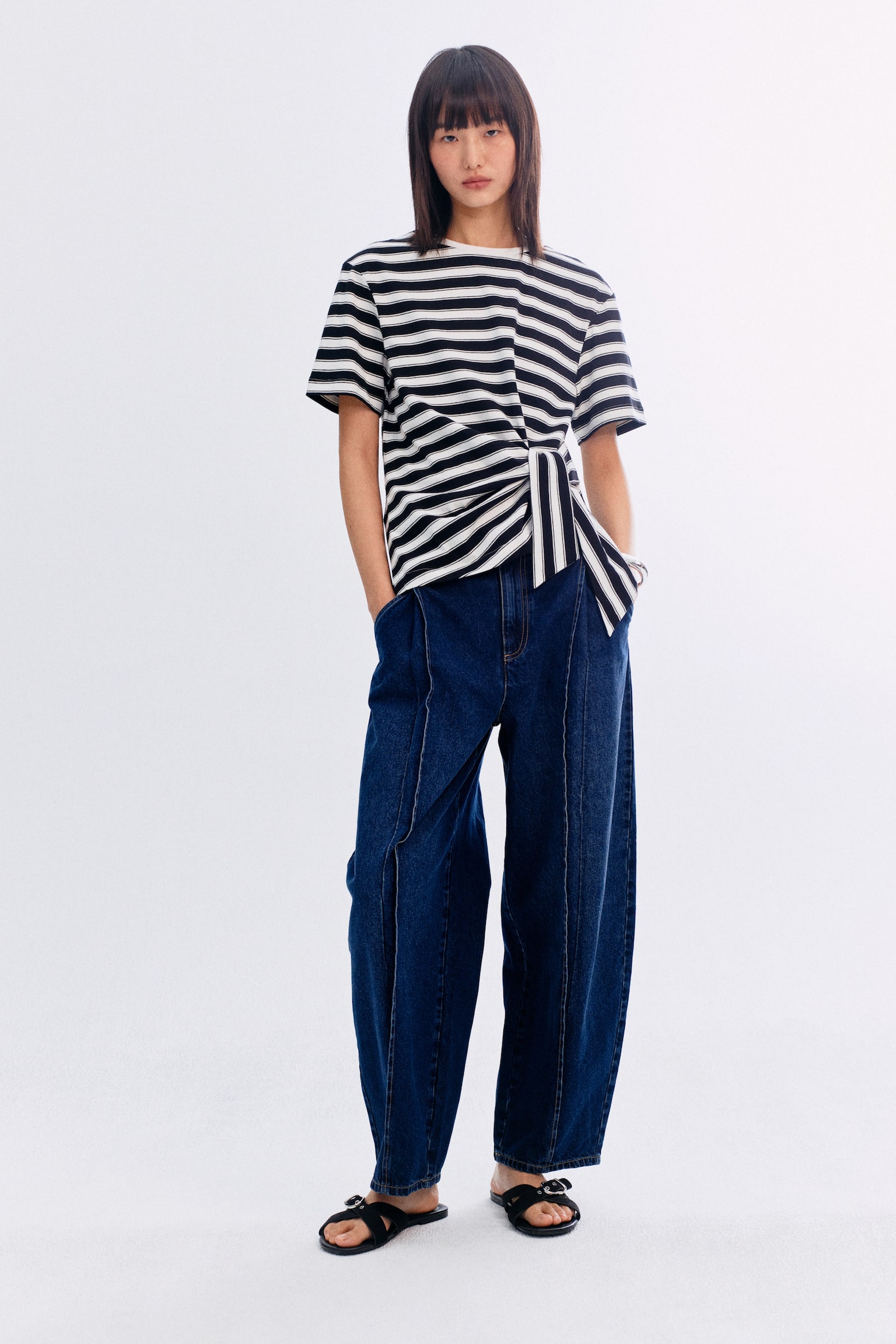 Tie-Detail T-Shirt - White/black striped/White/Gray melange - 6