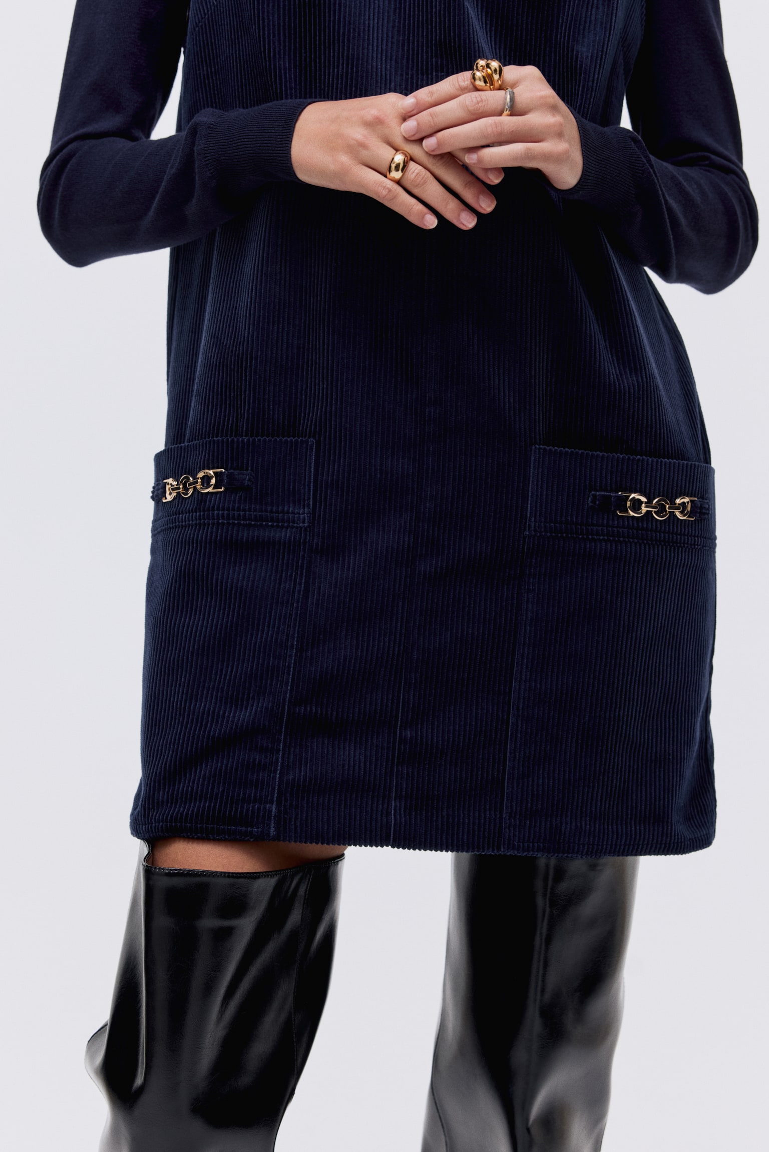 Rochie minimalistă din catifea reiată - Bleumarin - 3