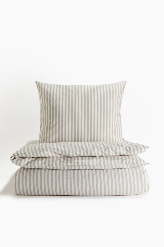 Cotton single duvet cover set - Light mole/White/Sage green/White striped - 1
