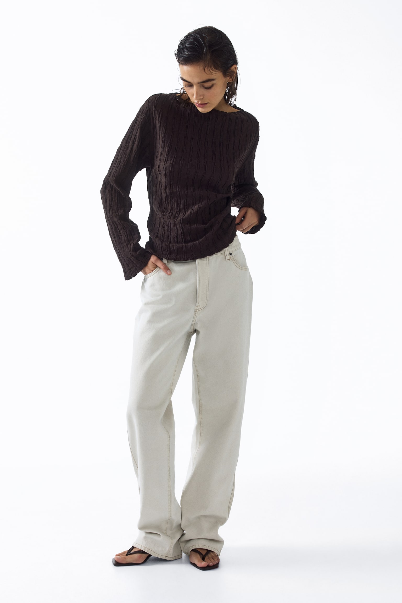 Boat-neck top - Dark brown/Black/Cream - 5