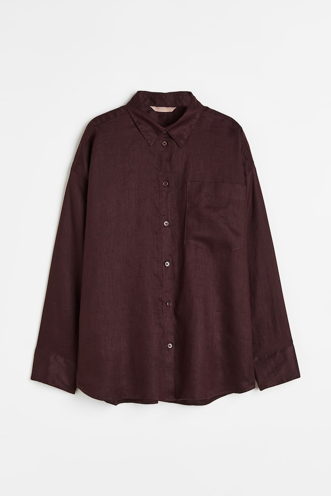 Oversized skjorte i linmiks - Mørk brun/Hvit - 2