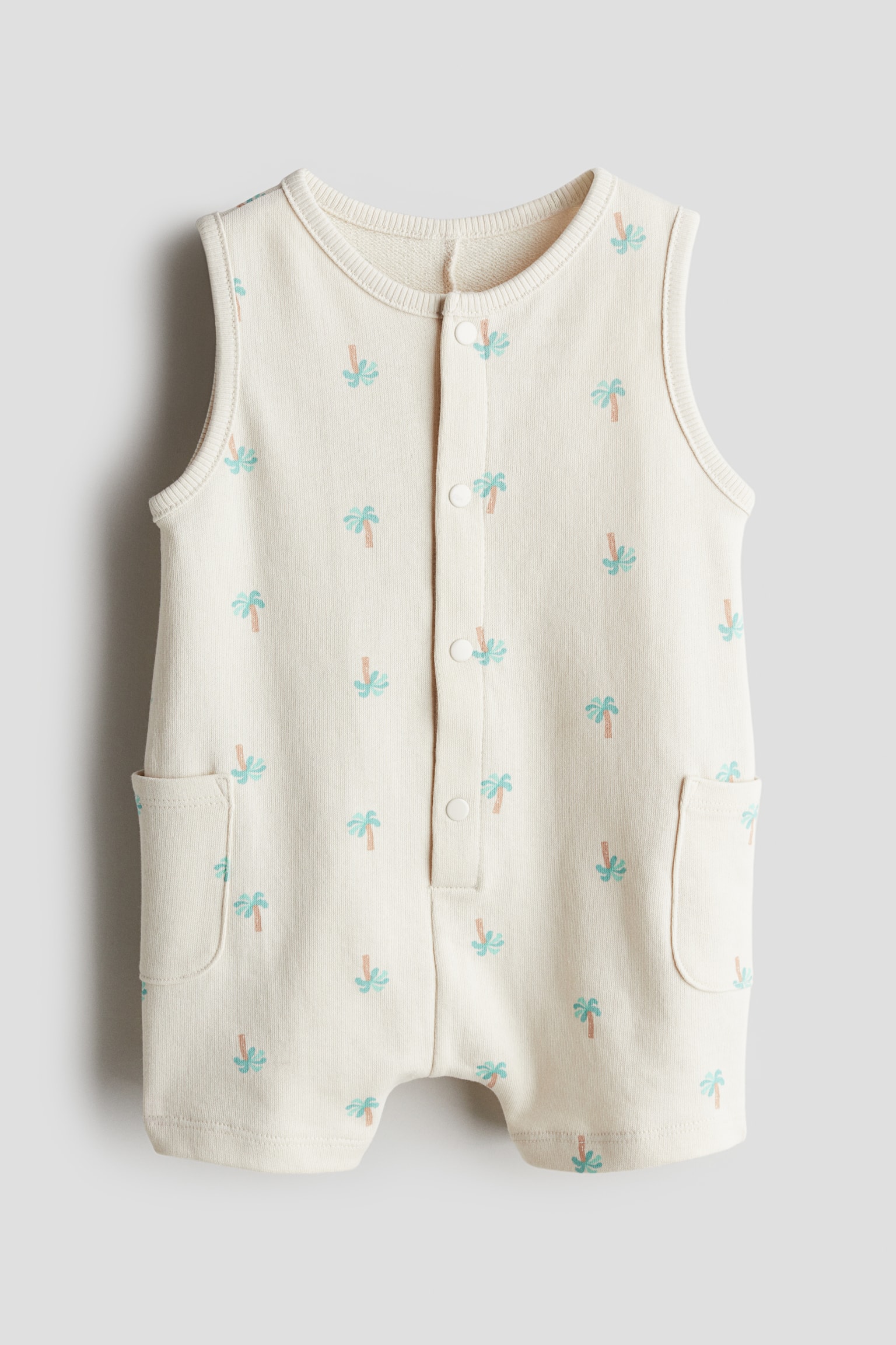 Sleeveless romper suit - Light beige/Palm trees/Navy blue - 1