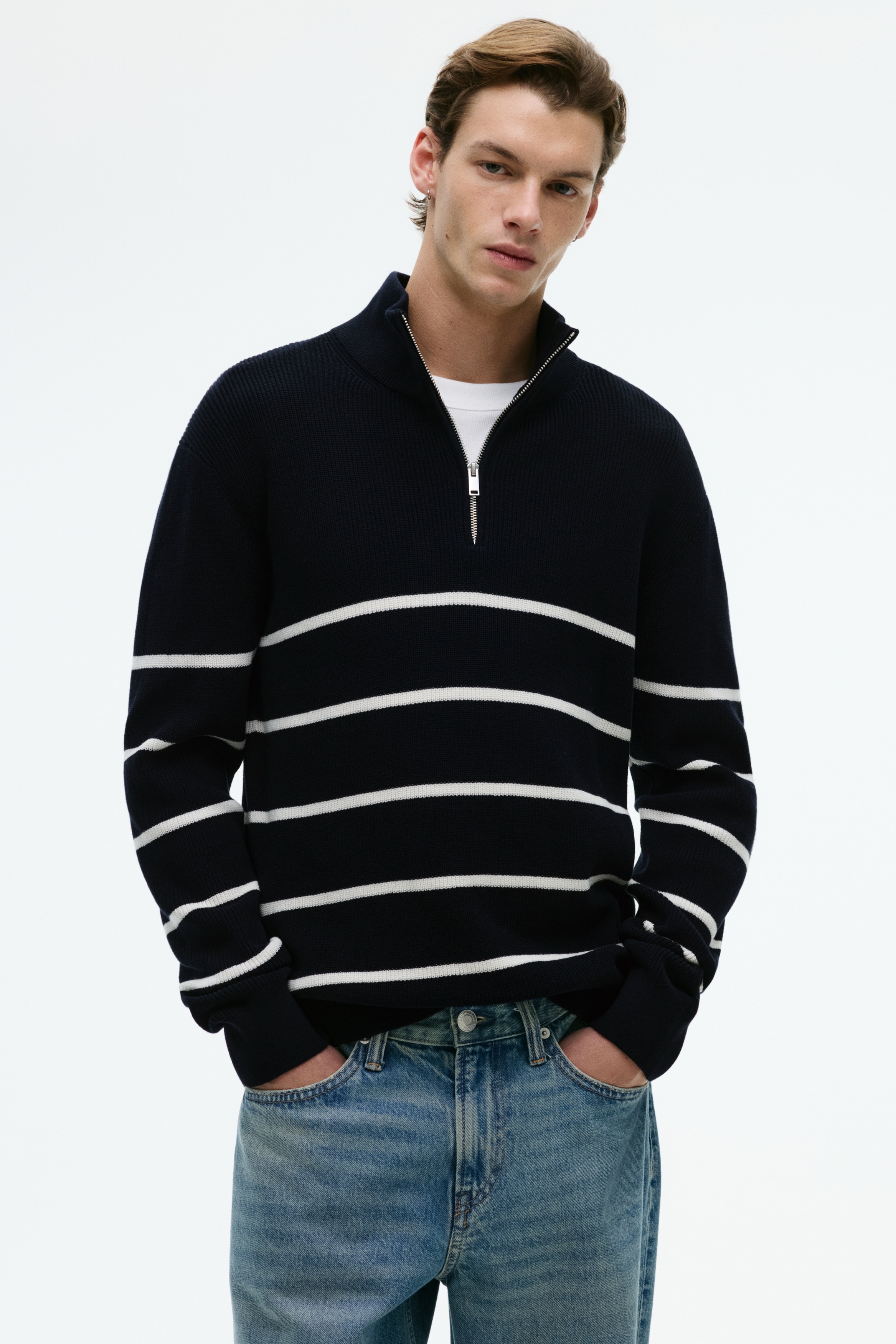 Moda Męska - Sweter z suwakiem u góry Regular Fit Granatowy/Paski - Size: XL  - H&M