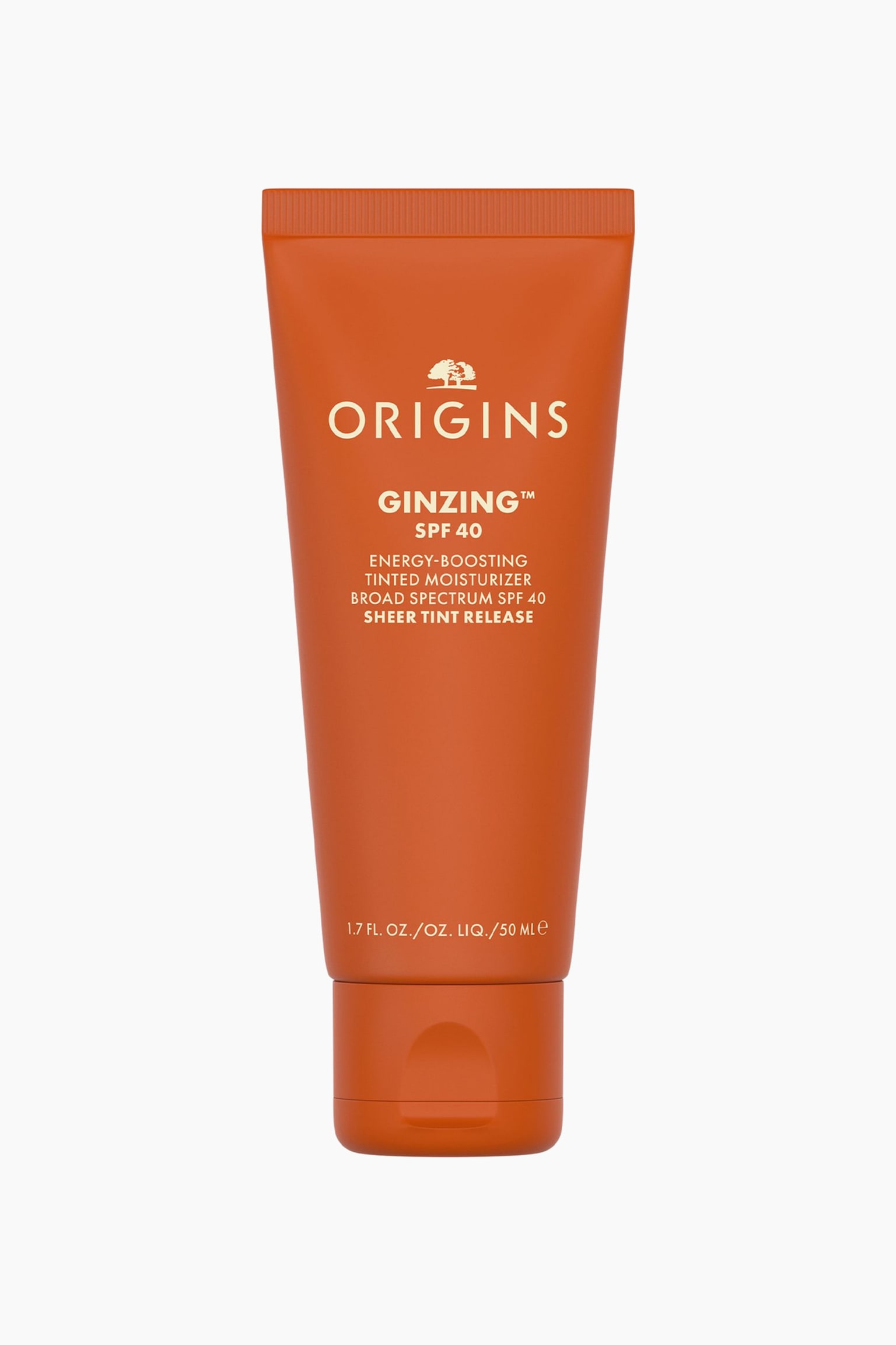En oransje tubeklemme som inneholder Origins GinZing SPF 40 Energy-Boosting Tinted Moisturizer, står oppreist og vender fremover. Den matte oransje emballasjen viser hvit tekst med logoen til merket og produktinformasjon, og er avsluttet med en matchende oransje flip-top-kork nederst. - 1