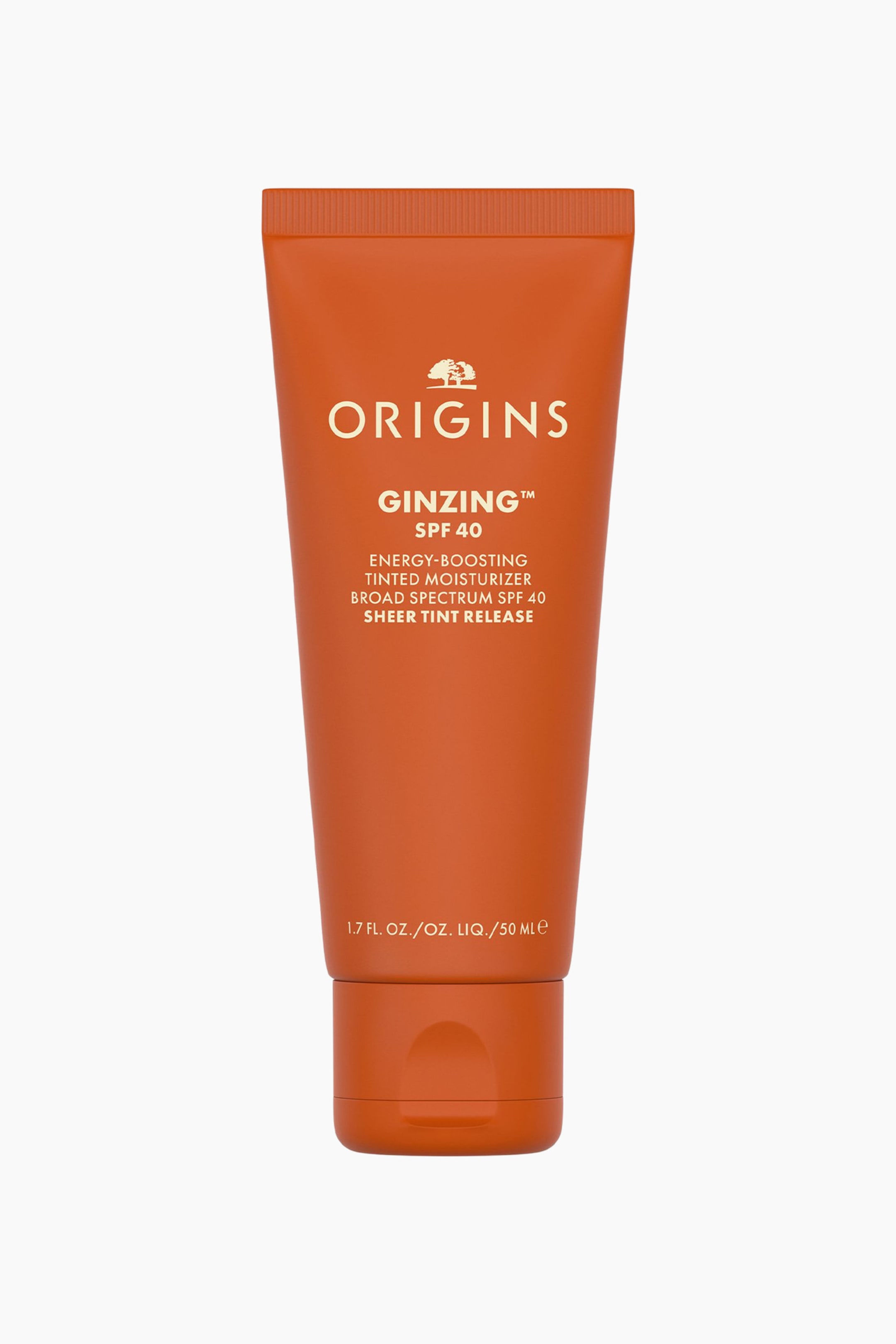 Visa större bild: En orange klämtub med Origins GinZing SPF 40 Energy-Boosting Tinted Moisturizer står upprätt och vänd framåt. Den matta orange förpackningen har vit text med varumärkets logotyp och produktinformation, och är försedd med ett matchande orange flip-top-lock vid basen.