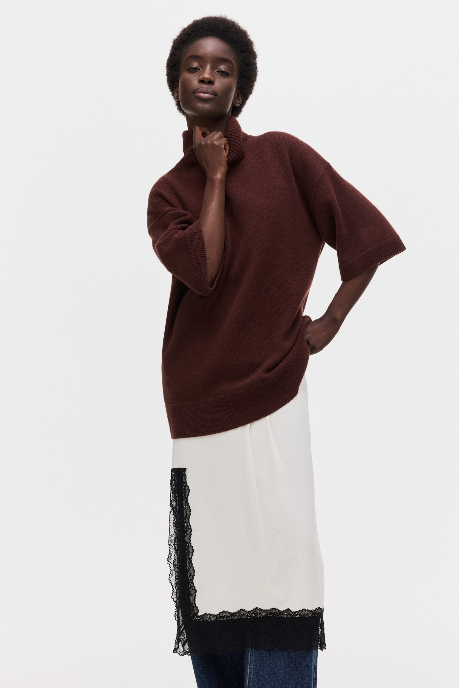 Roll-neck wool jumper - Dark rust brown/Light beige - 1