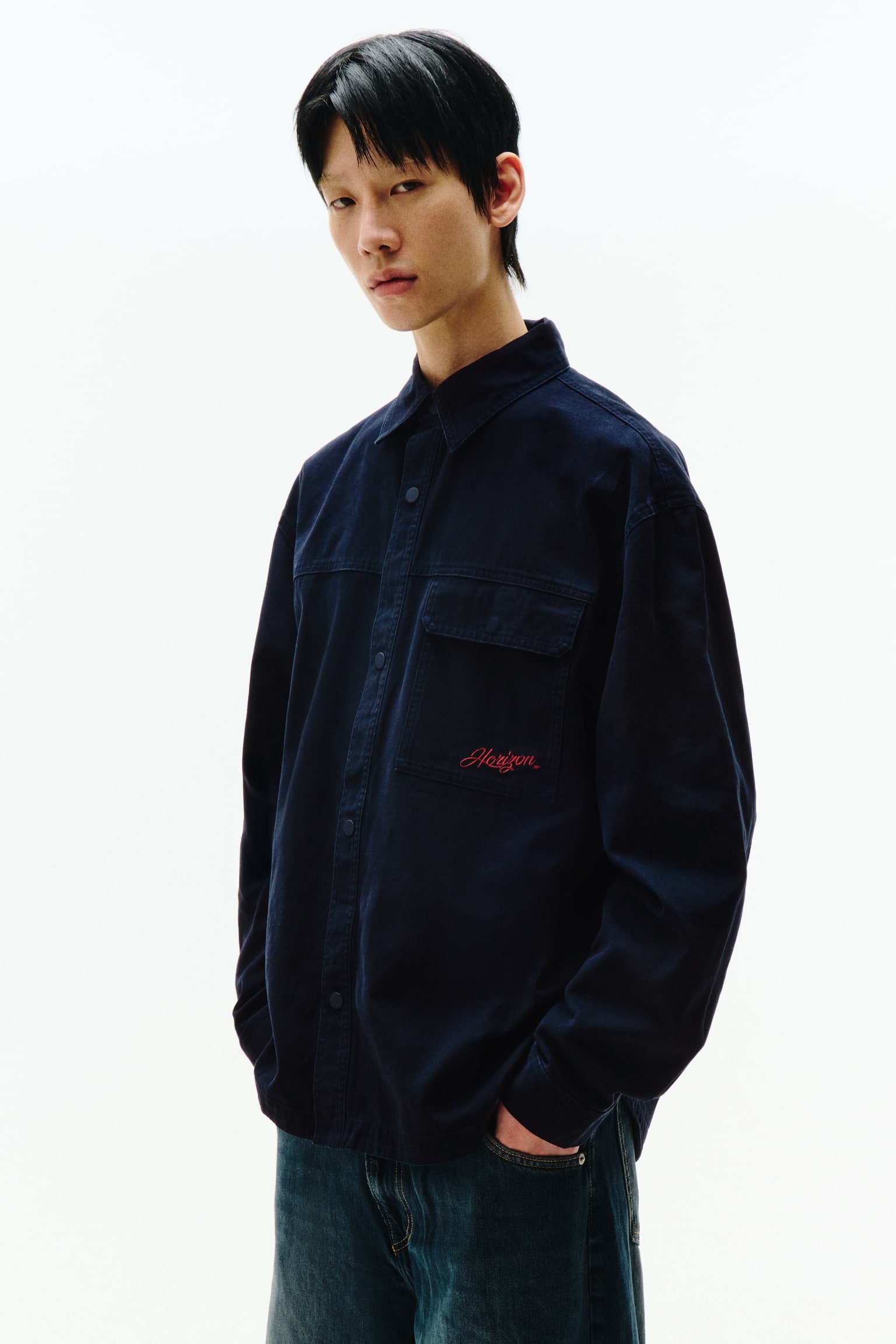 코튼 캔버스 오버셔츠 - 네이비 블루/라이트 베이지 - 2