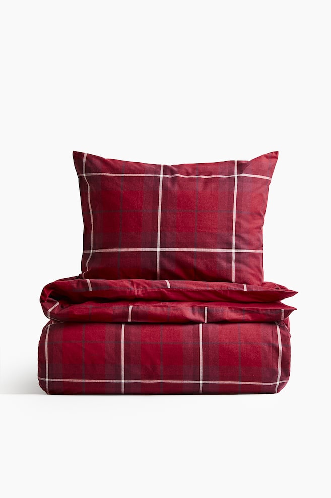 Twin Flannel Duvet Cover Set - Red/checked - 1