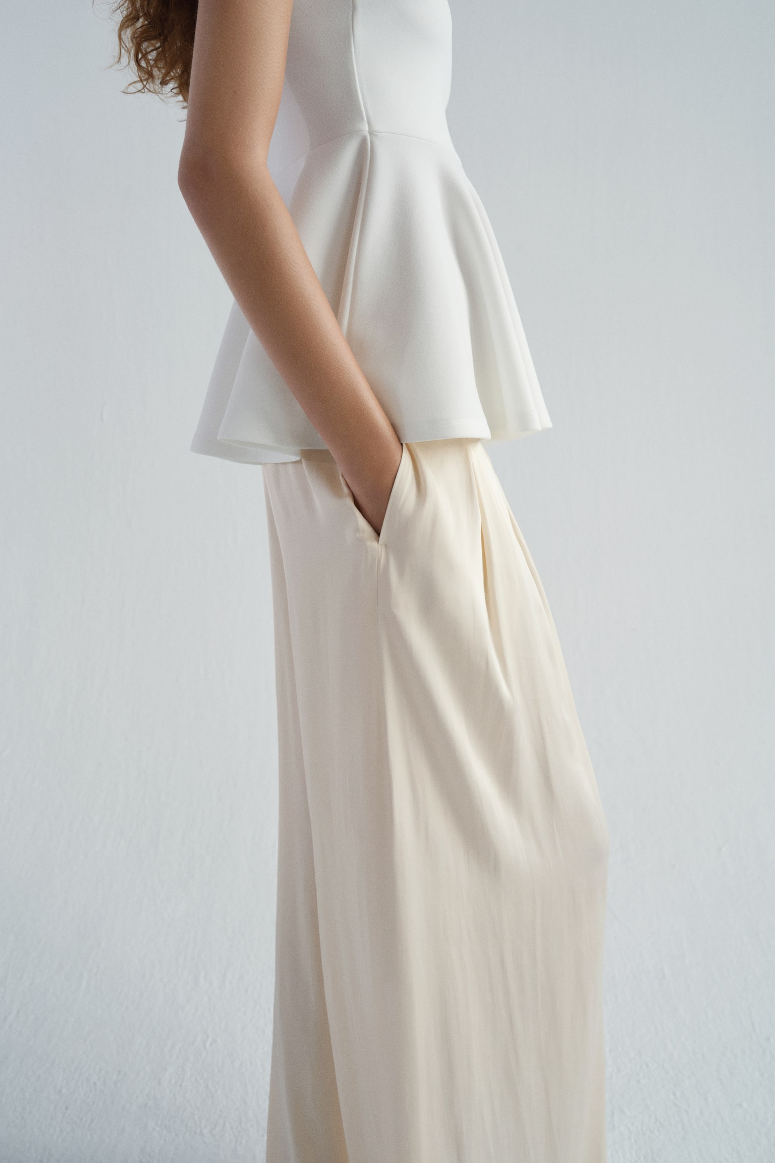 Wide satin trousers - Light beige/Black - 5