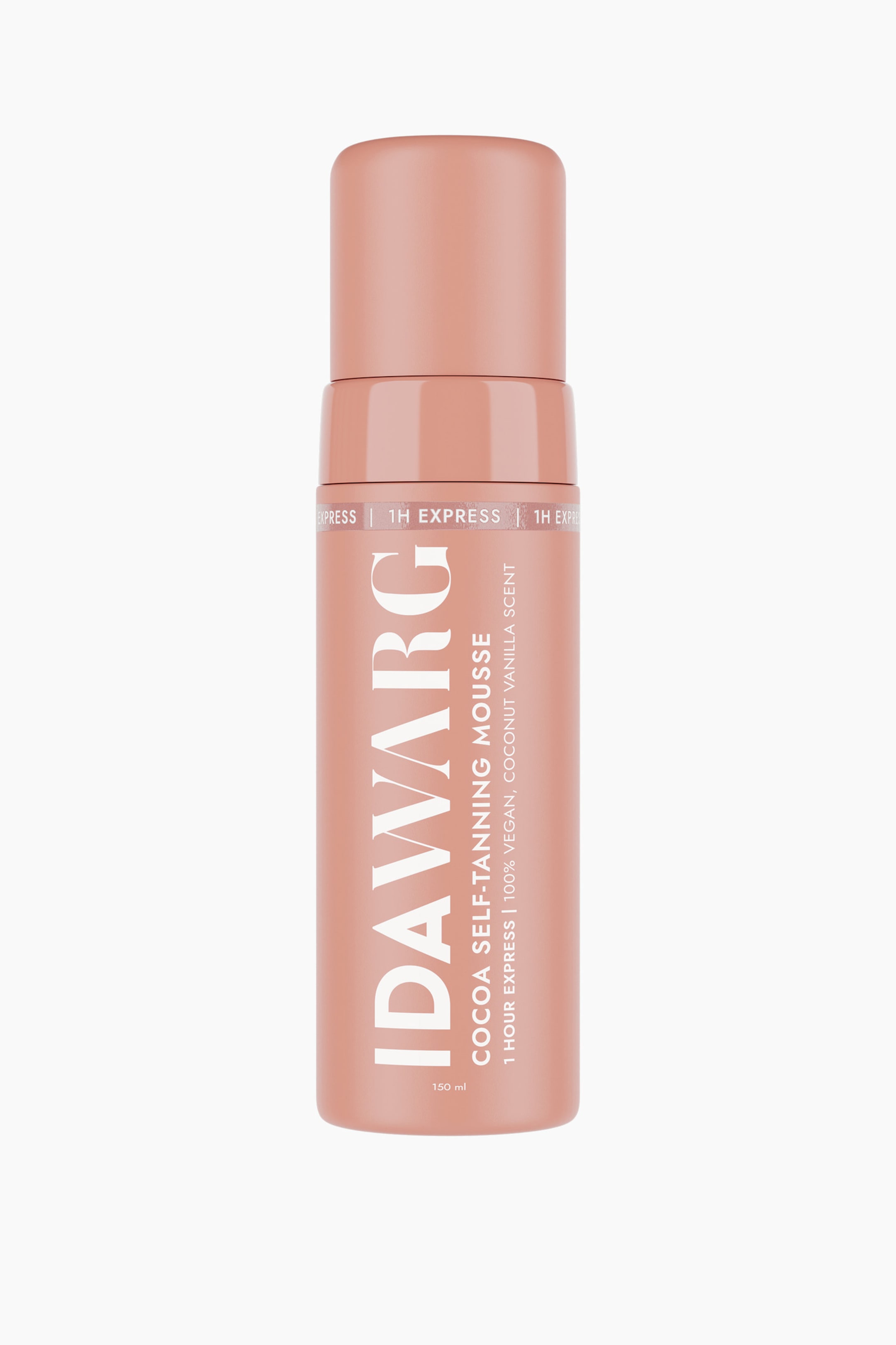 Visa större bild: En cylindrisk flaska med brun-utan-sol mousse står upprätt och framåtvänd. Flaskan är matt dämpad rosa, med ett matchande rundat lock och en vit etikett som visar "IDAWARG" vertikalt, "COCOA SELF-TANNING MOUSSE" horisontellt, samt detaljer inklusive "1 HOUR EXPRESS" och "150 ml", med ett band av upprepande text "EXPRESS | 1H EXPRESS" runt toppen av flaskan.