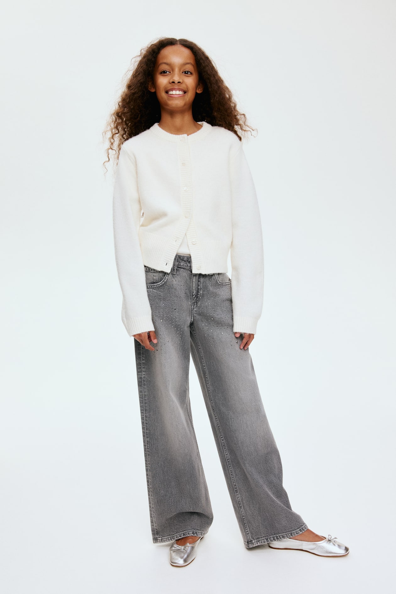 Icon jeans bambina wide leg con strass lavaggio chiaro main image 1
