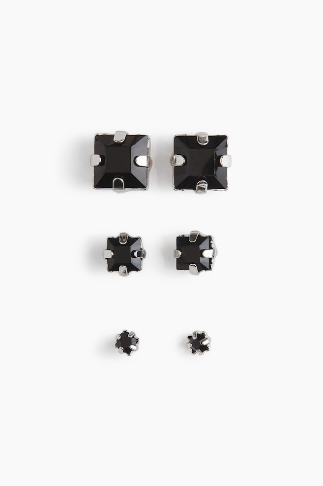 3 pares de aretes de botón - Negro/Plateado - 1