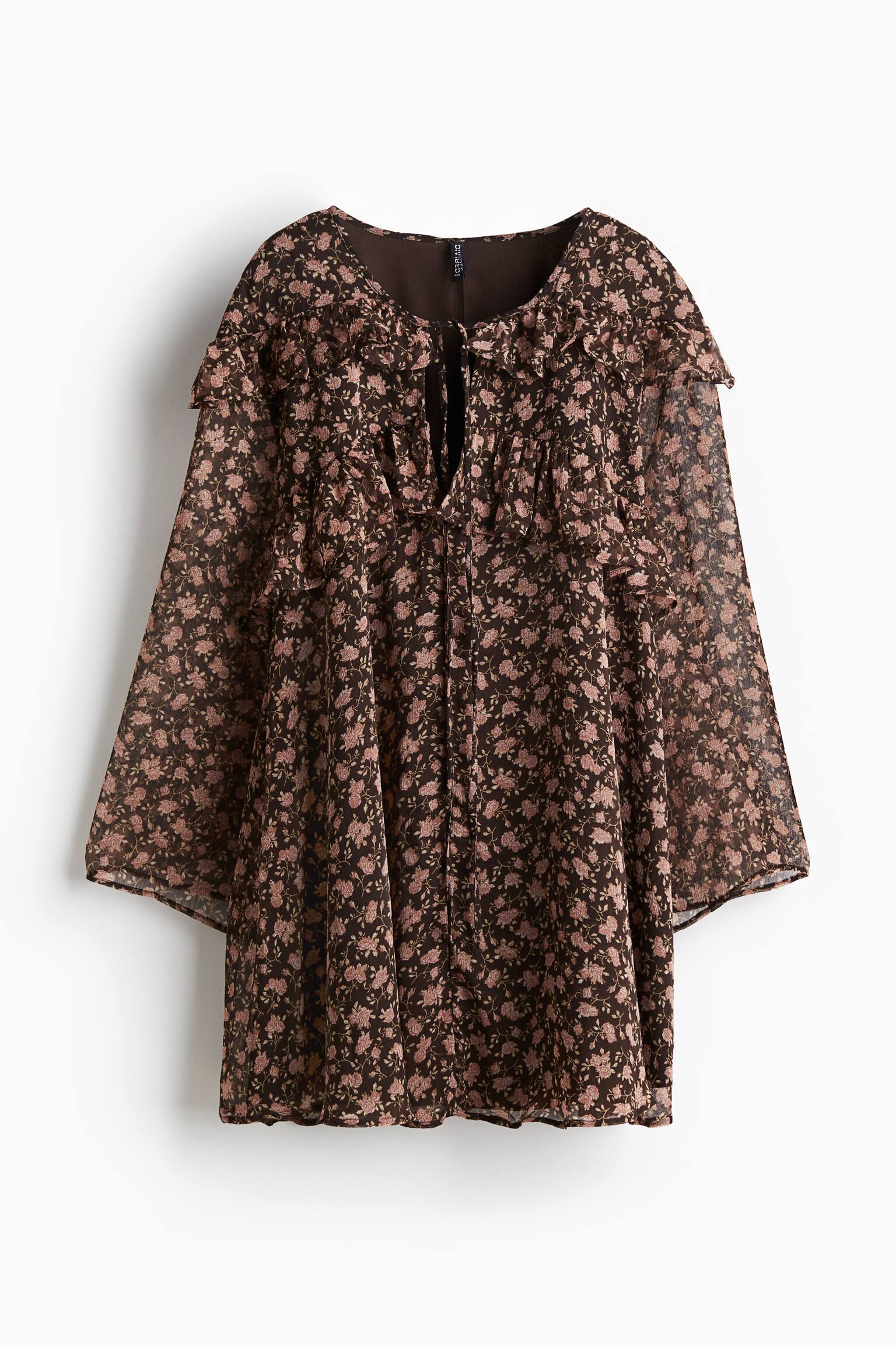 Frill-trimmed chiffon tunic dress - Dark brown/Floral/Cream - 2