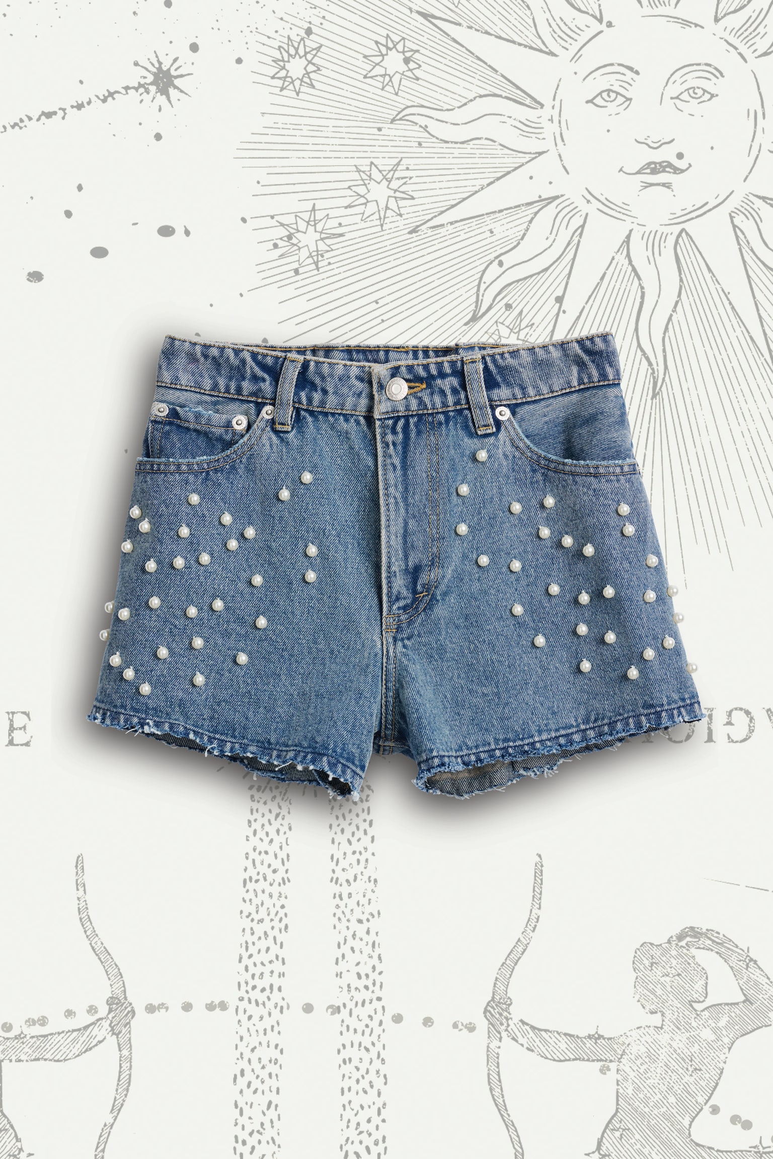 Beaded Denim Shorts - Denim blue - 1