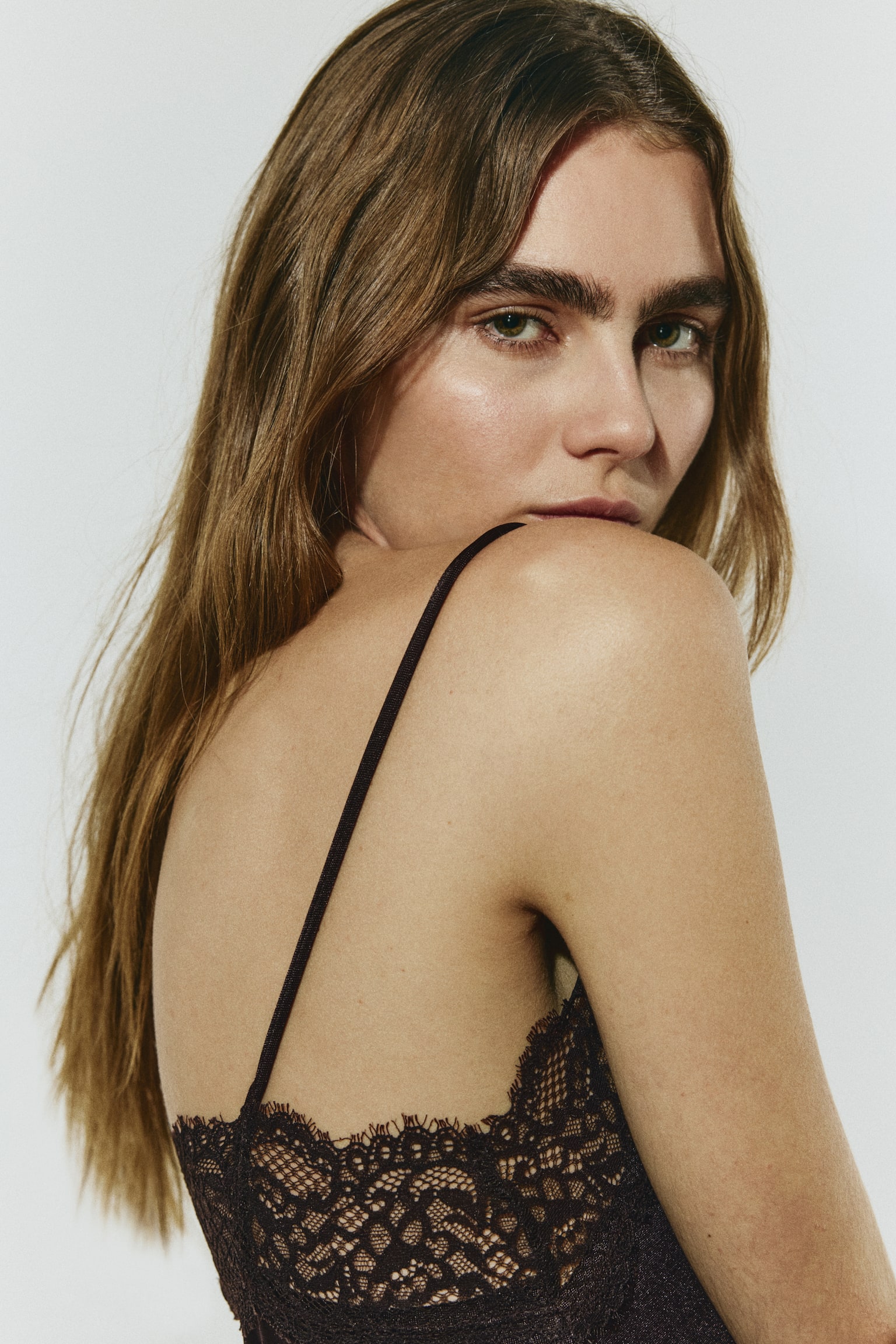 Lace-trimmed strappy top - Dark brown/Black - 5