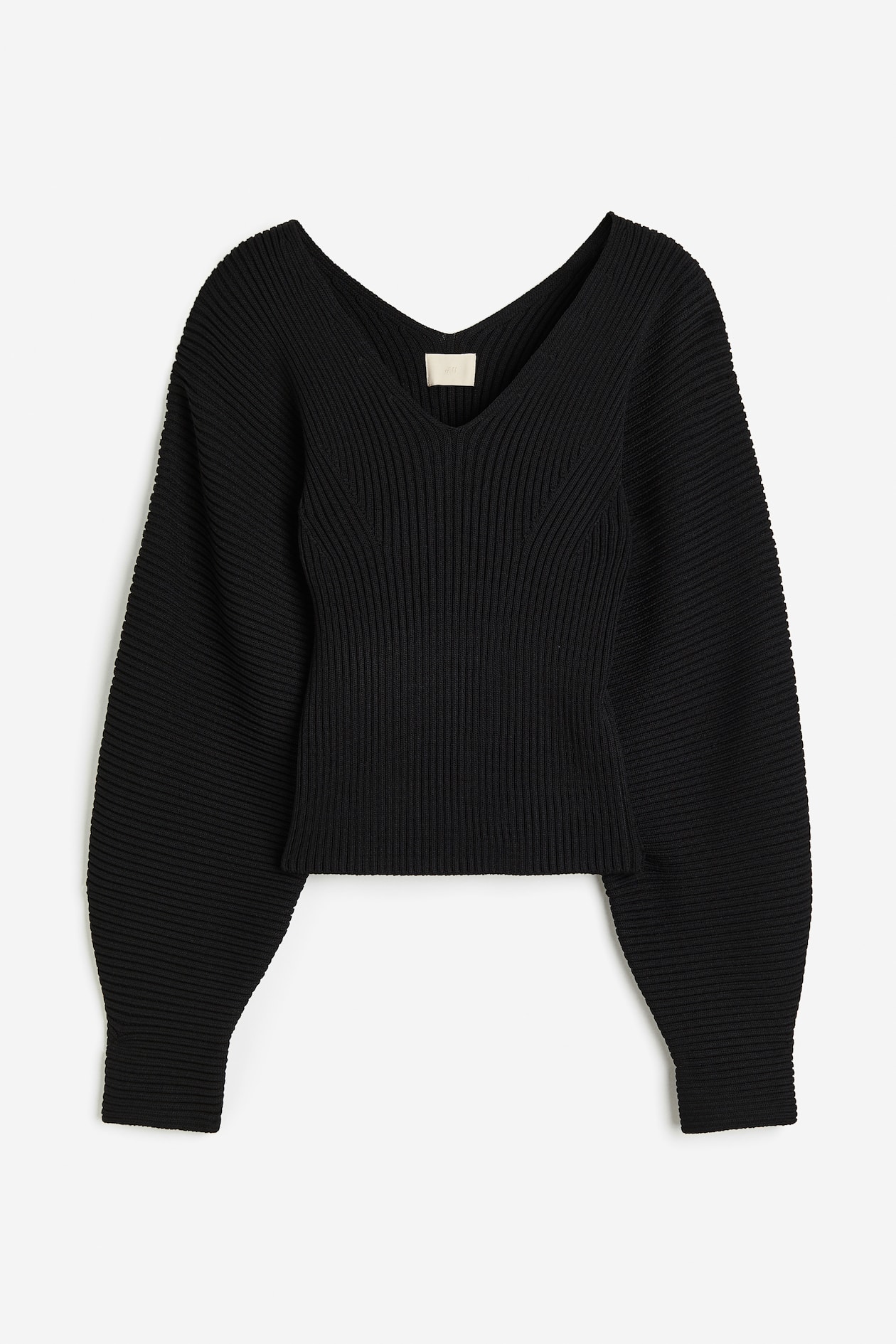 Gerippter Pullover - V-Ausschnitt - Langarm - Schwarz - Ladies 