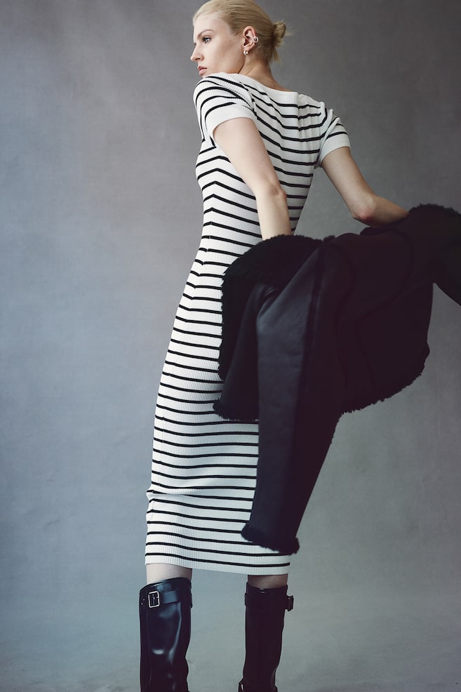 Rib-knit midi dress - Cream/Striped/Black/Black/Striped/Cream - 3