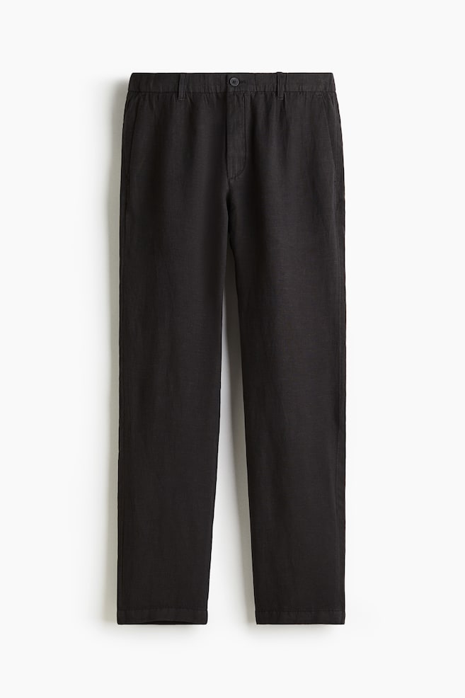 Regular Fit Linen Blend Pants - Black/Beige - 1
