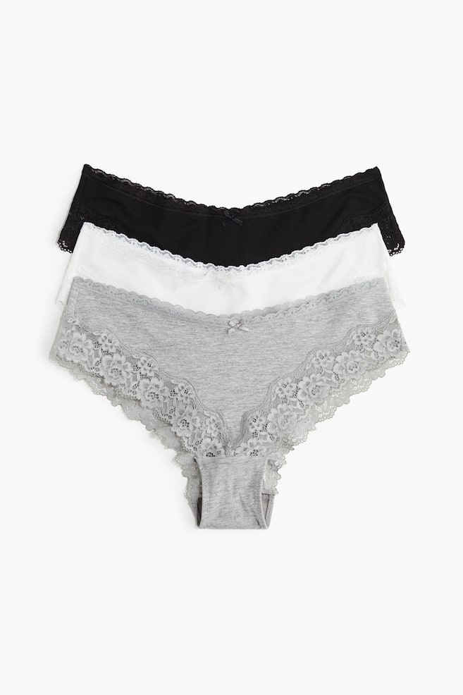 3-pack cotton and lace hipster briefs - Grey marl/White/Black/Burgundy/Cream/Black/Black/Cream/Grey marl - 1