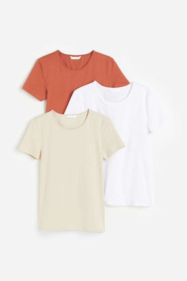3-pack T-shirt - Mørk orange/Lys beige/Hvit/Stripet/Lys beige/Hvit/Stripet - 1