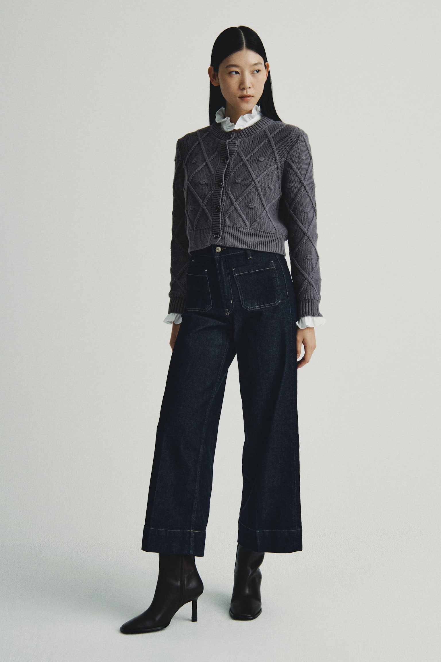 케이블 니트 가디건 - 그레이 - 3