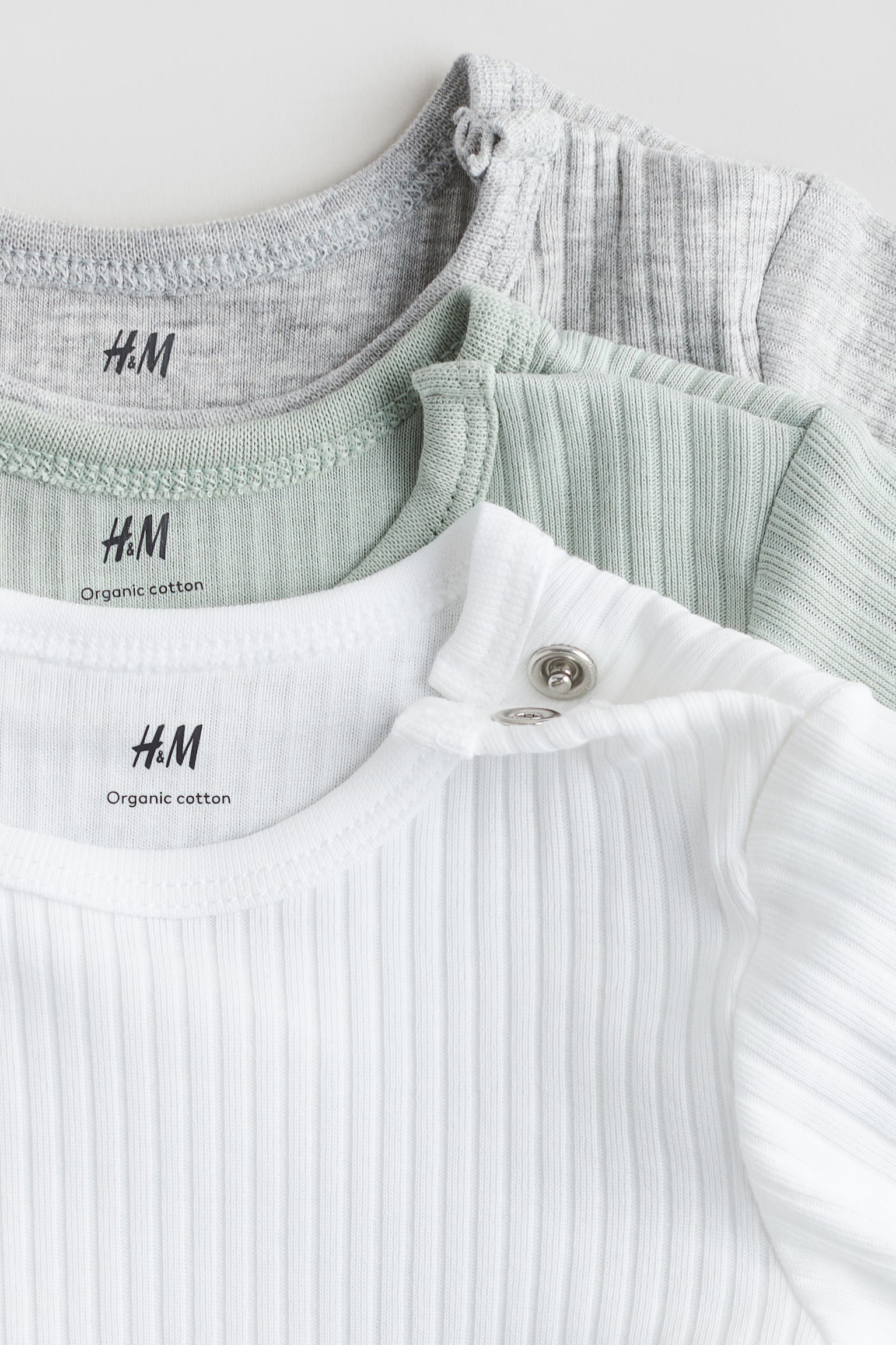 Боди для детей, хлопок, в рубчик, 3 шт. — H&M, цвет: Зелёный / Серый — фото 2