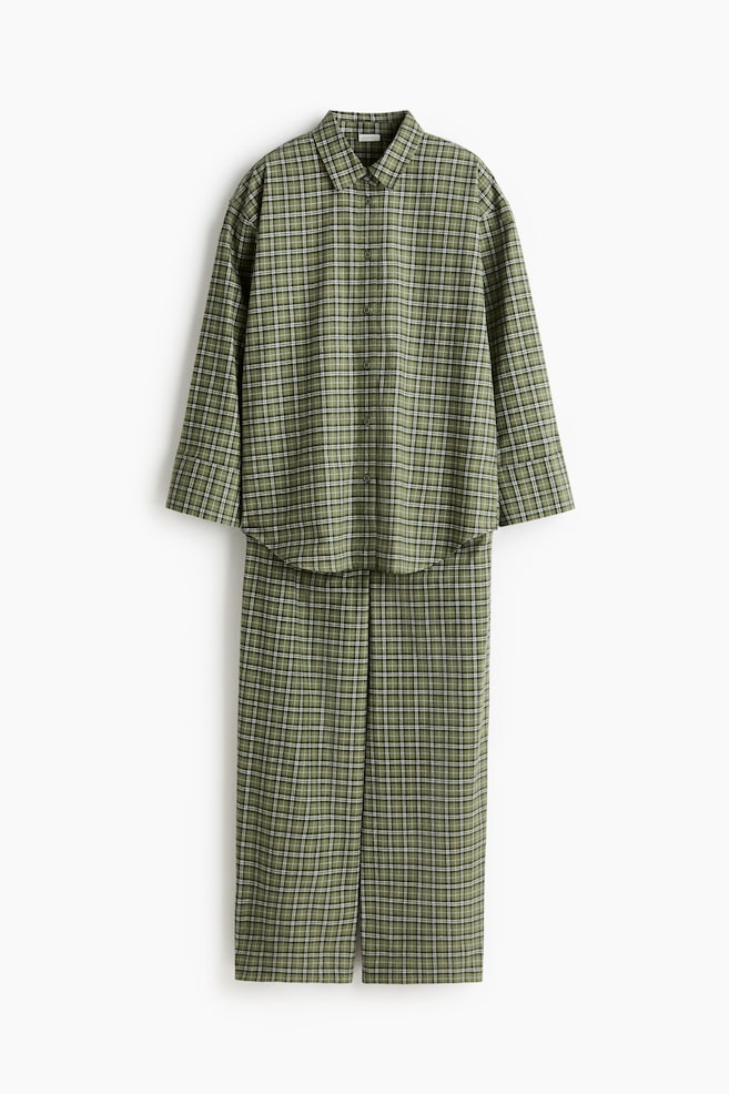 Cotton Flannel Pajamas - Dusty green/plaid/Beige/plaid/Red/plaid - 1