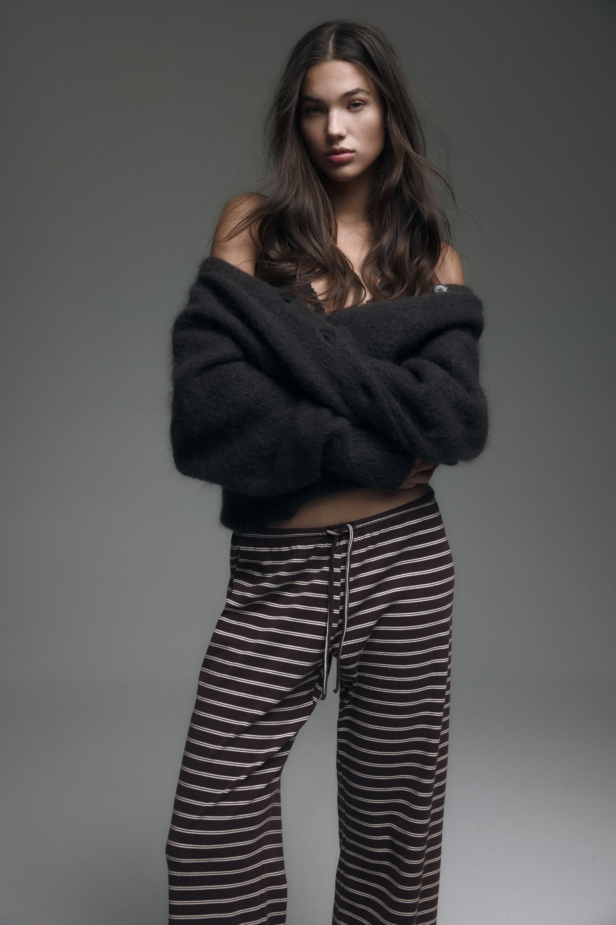 View larger image: Cotton-blend trousers - Dark brown/Striped - Ladies | H&M GB 1