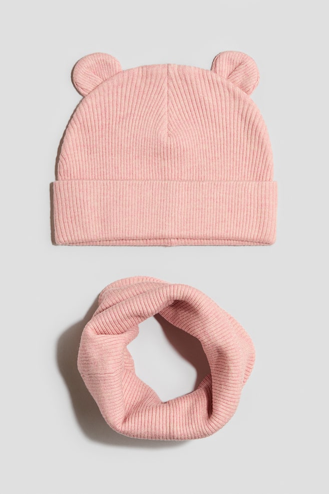 2-Piece Beanie and Scarf Set - Light pink/Brown/Cream - 1