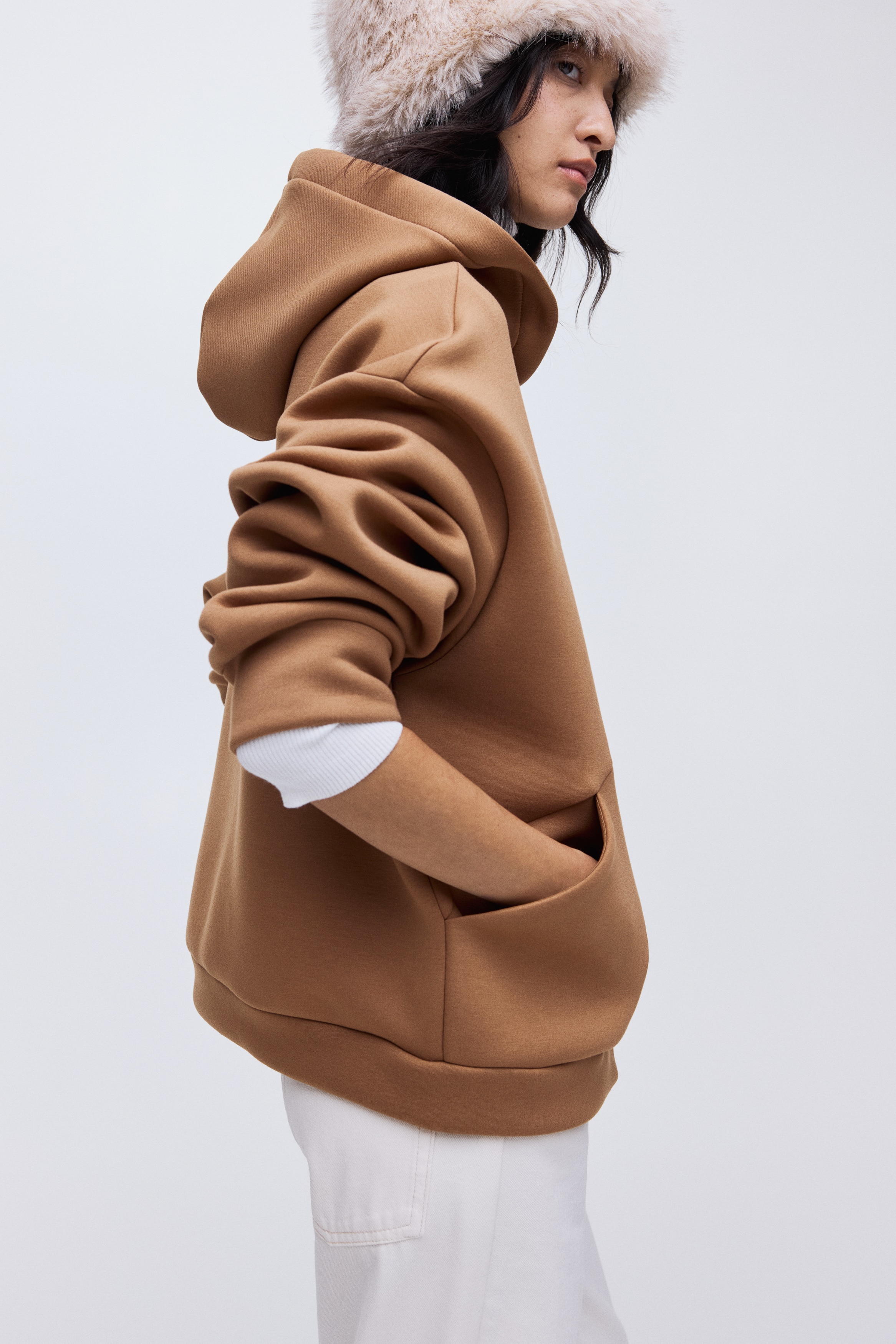 H & M - スキューバフルジップフーデッドトップス - ベージュ